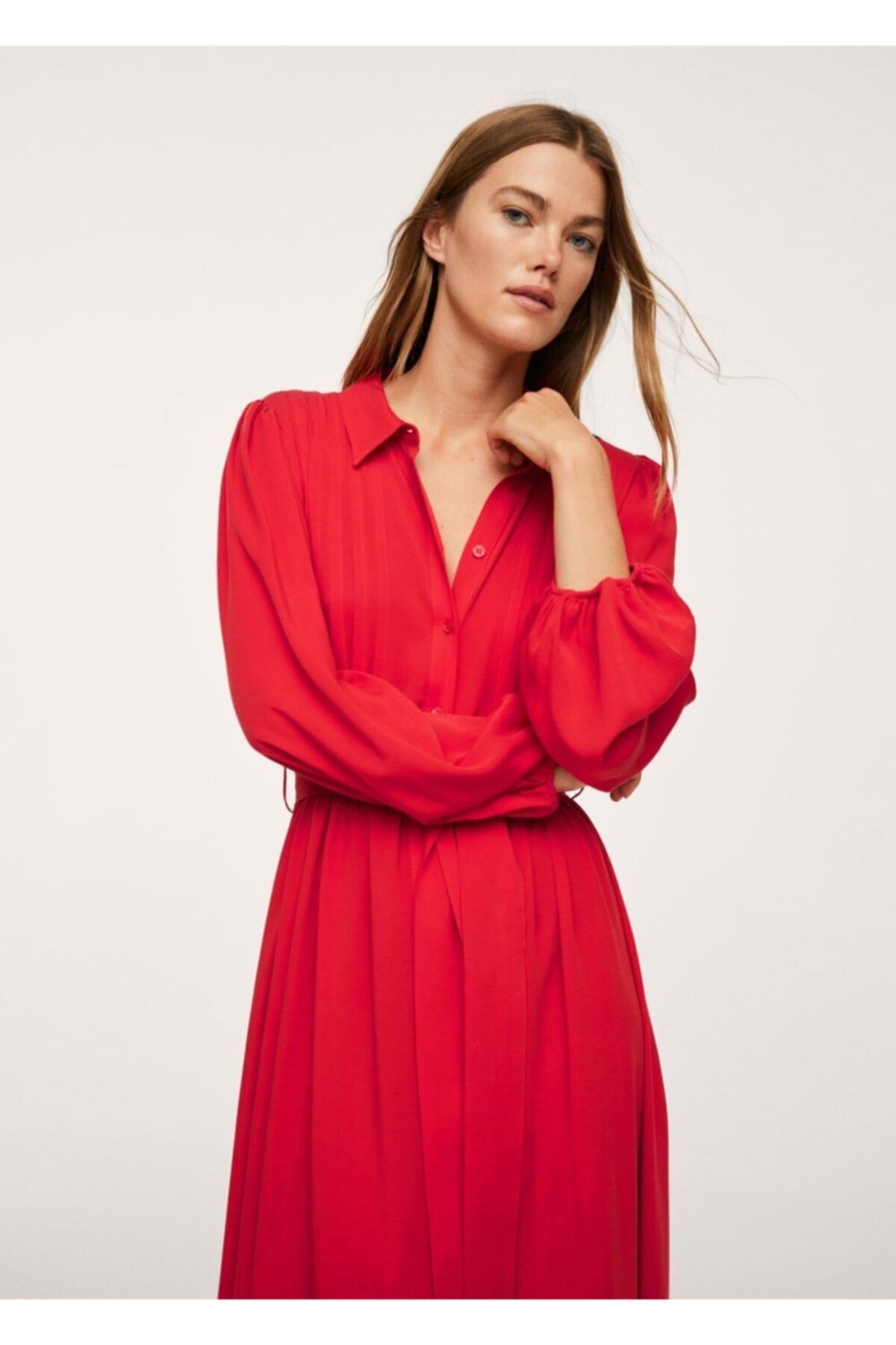 MANGO Kadın Kırmızı Pilili Gömlek Elbise
