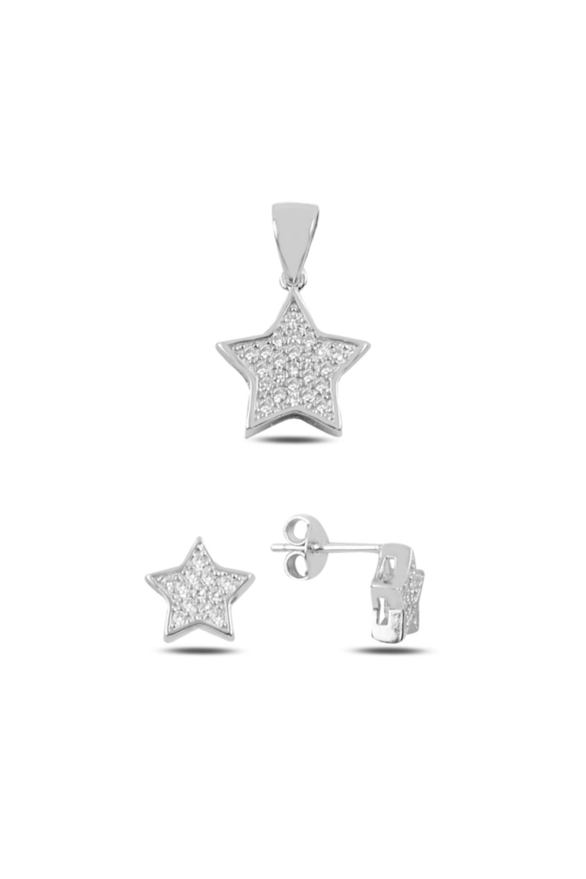 Tevuli Gümüş Zirkon Taşlı Yıldız Küpe & Kolye Ucu Set