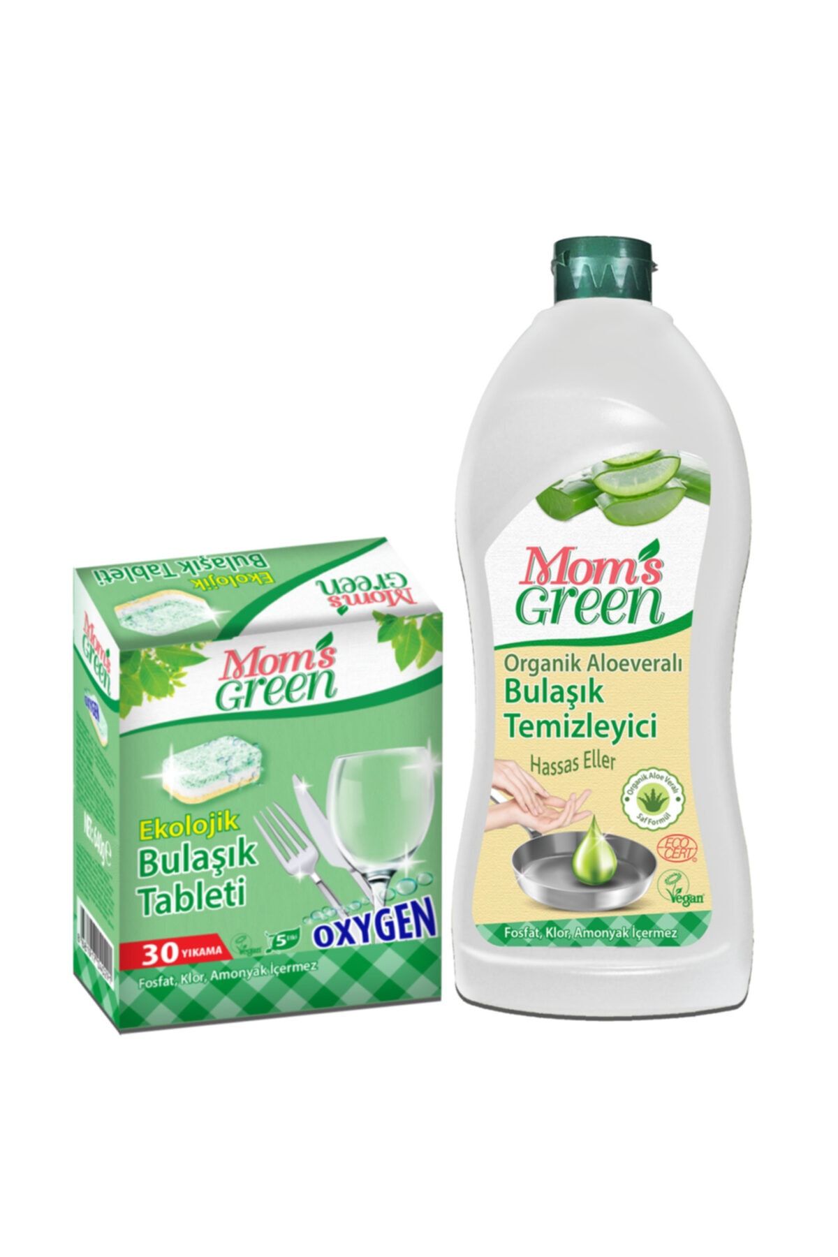 Mom's Green 2'li SetMom's Green Ekolojik BulaşıkMakinesi Tableti VE Bitkisel Elde Bulaşık  Deterjanı AloeVeralı