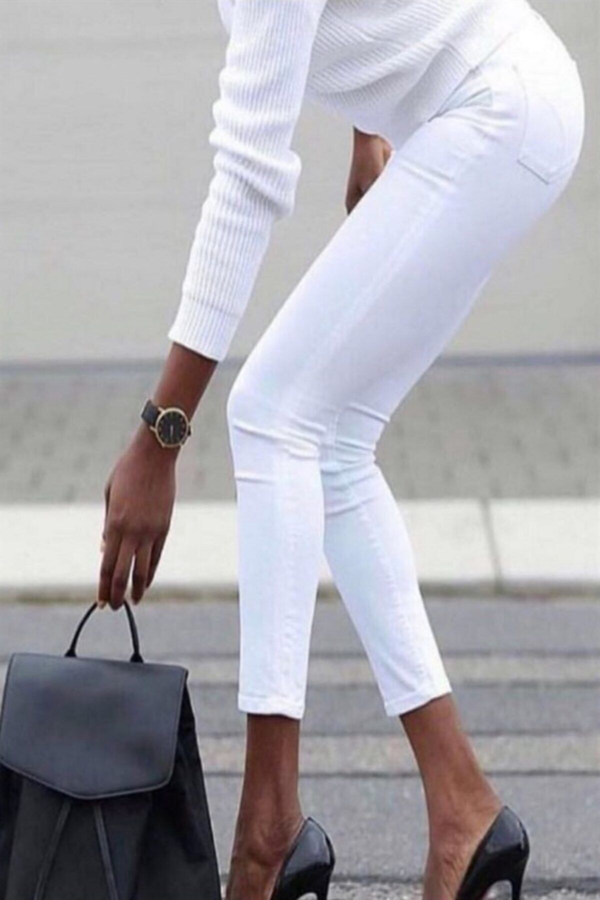 JANES Kadın Beyaz Yüksek Bel Likralı Pantolon