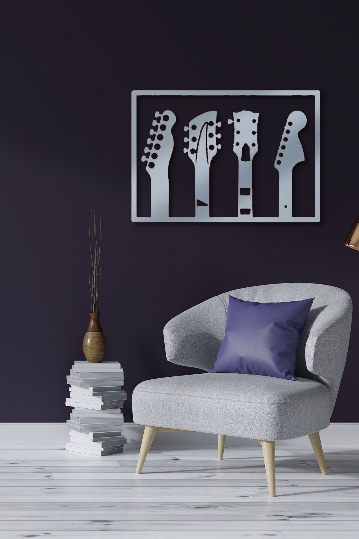 NT Handmade Beyaz Ahşap Gitar Sapları Duvar Dekoru - Salon Oturma Yatak Odası Ofis Için 30x50cm Tablo