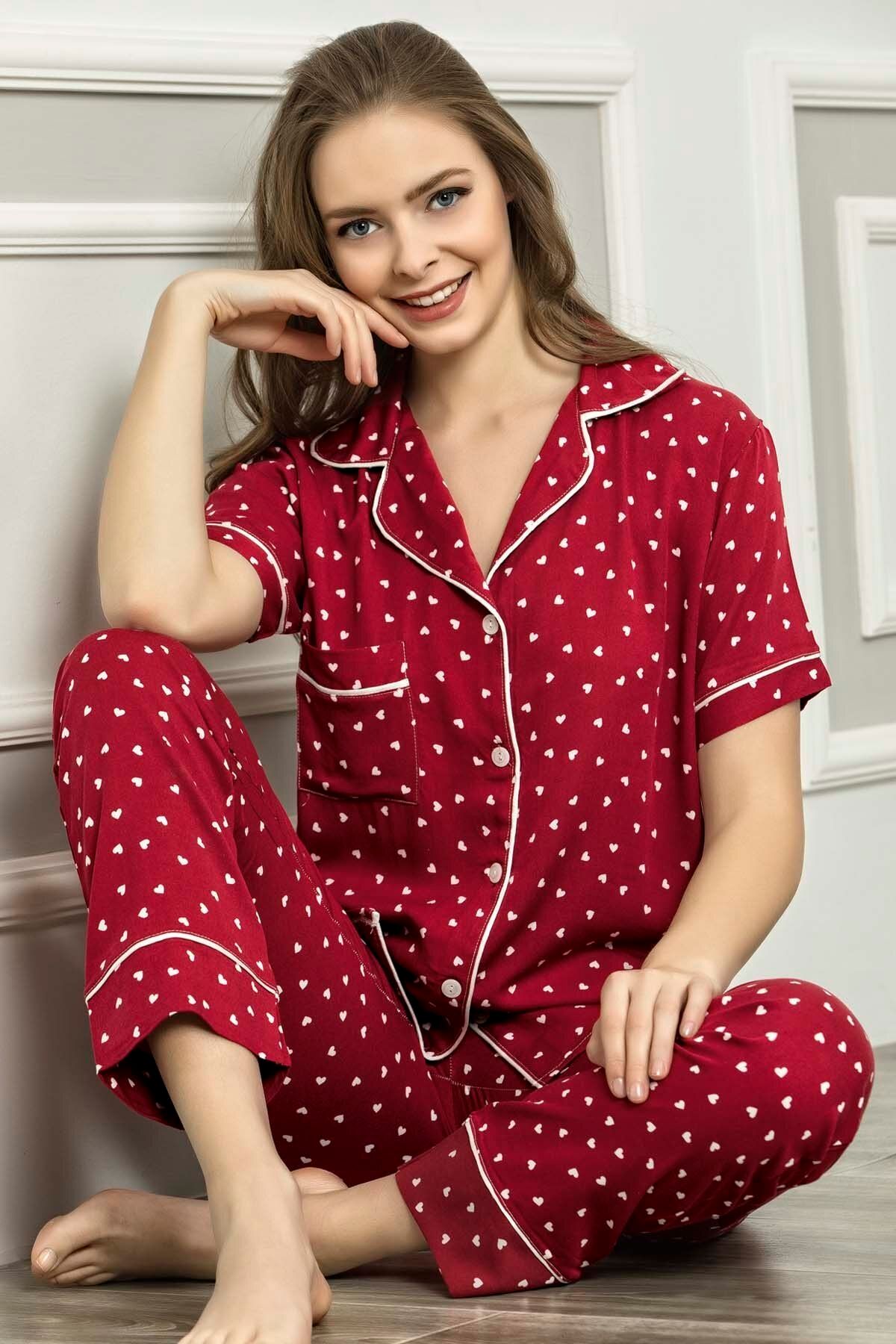 Maries Kadın Kırmızı Desenli Kısa Kol Pijama Takımı 60296