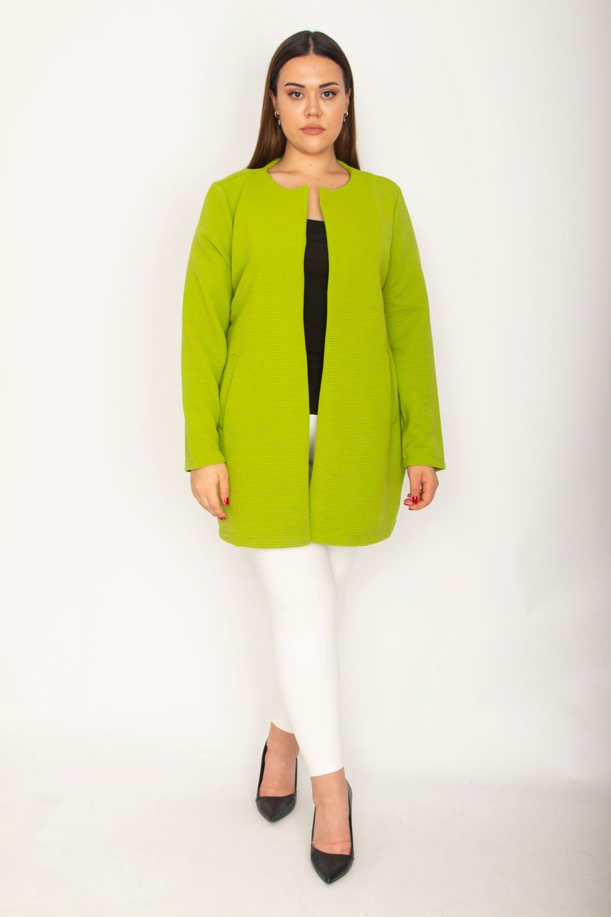 Şans Tekstil Kadın Yeşil Kendinden Çizgili Yan Cepli Astarsız Ceket 26a27260