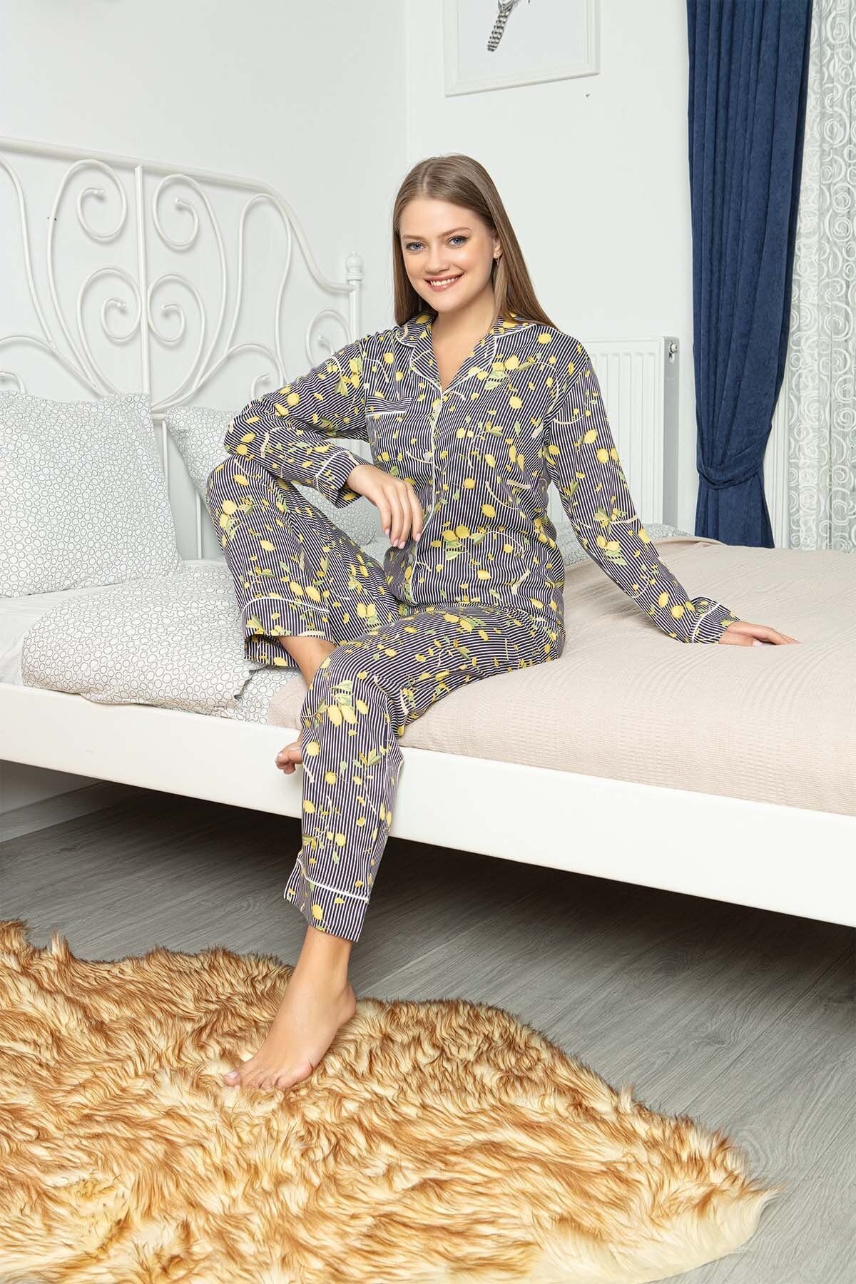 Maries Kadın Siyah Çizgili Desenli Uzun Kol Pijama Takımı 60349