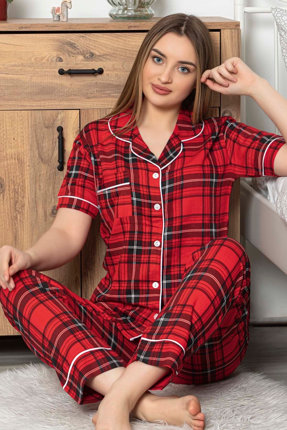 Maries Kadın Kırmızı Desenli Kısa Kol Pijama Takımı 60392