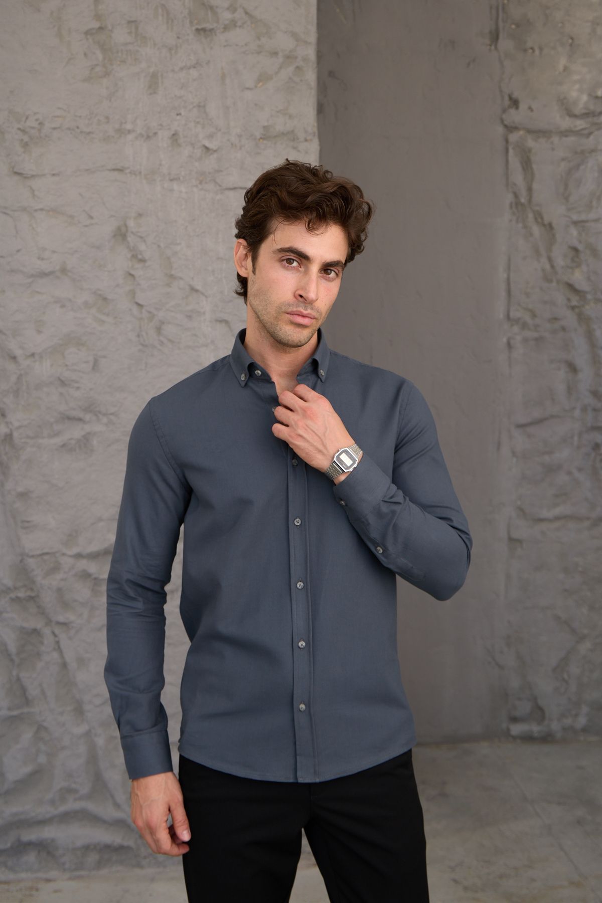 RAVANELLI Erkek Gömlek Pamuklu Fitilli Kadife Düğmeli Yaka Modern Slim Fit Dar Kesim