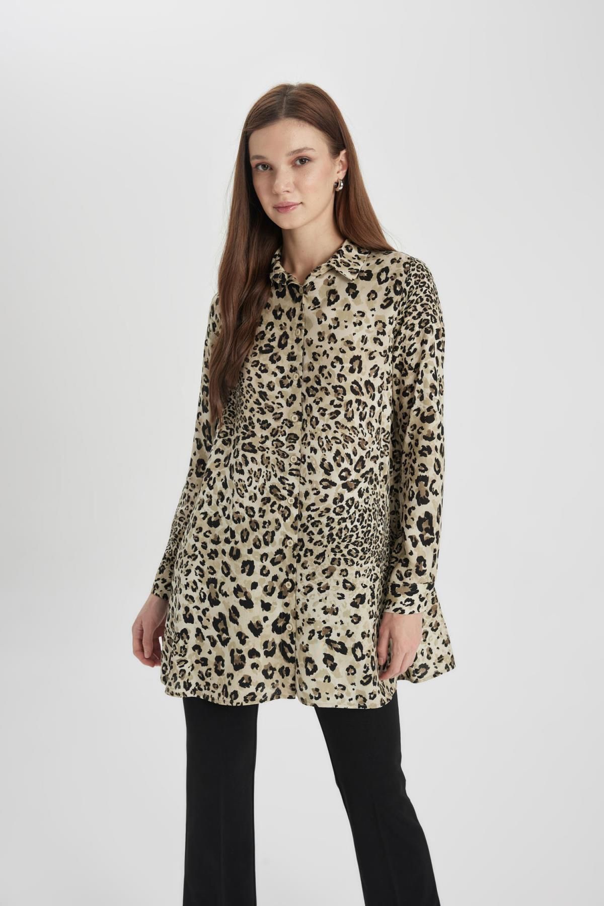 Defacto Regular Fit Leopar Desenli Uzun Kollu Gömlek Tunik Z5833az24sp