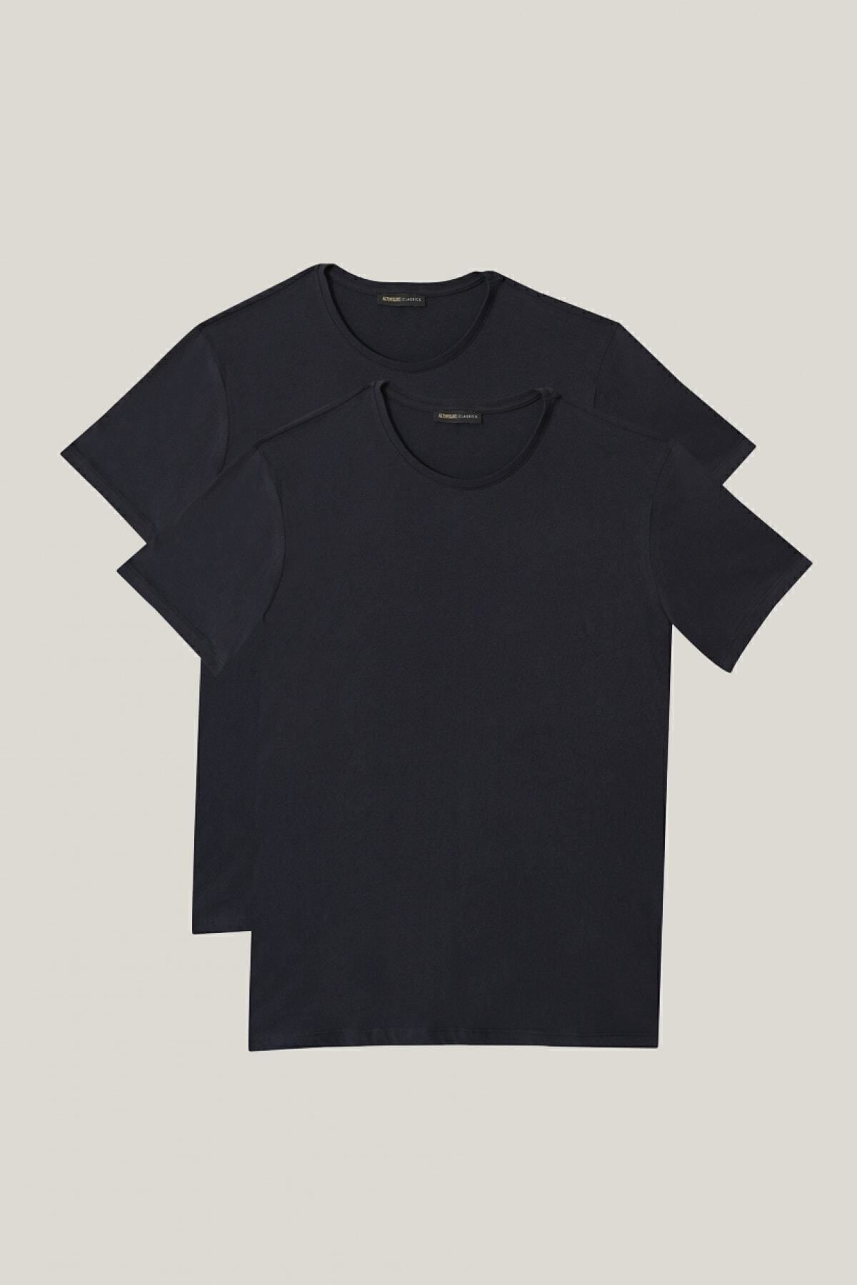 AC&Co / Altınyıldız Classics Erkek Lacivert Slim Fit Dar Kesim Bisiklet Yaka %100 Pamuk 2'li Tişört Paketi