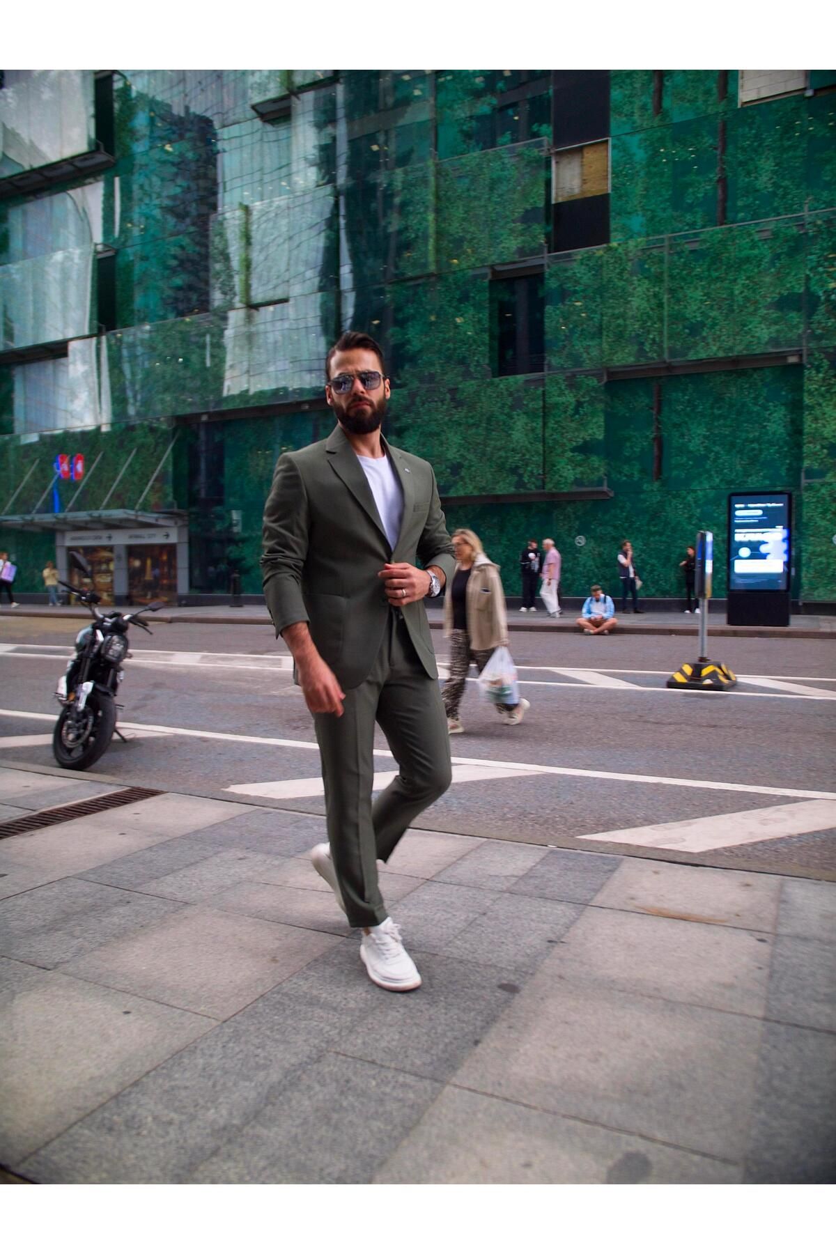 Salihtarzz Takım Elbise İtalyan Kesim Gofre İpli SlimFit Yeşil SD41037