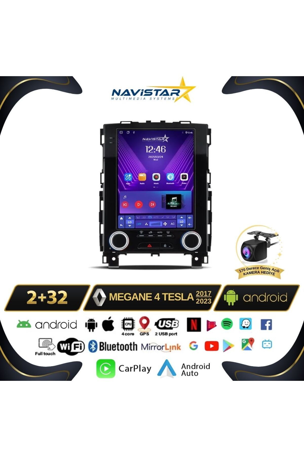 Navistar Renault Megane 4 Tesla 2017-2023 Model 2 32gb Android Kablosuz Carplay Navigasyon Multimedya Sistem