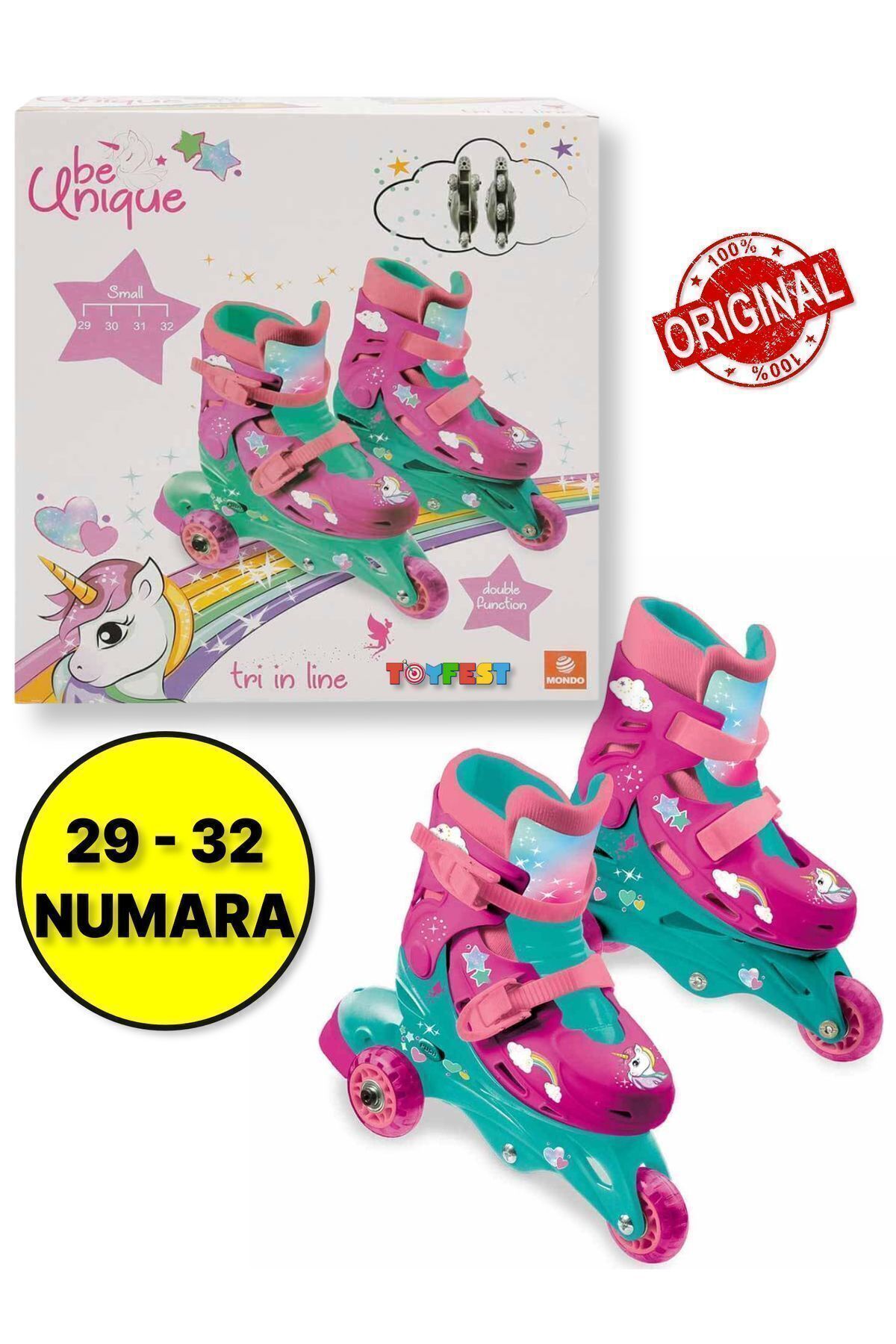 TOYFEST Unicorn Desenli Inline 3 Tekerlekli Paten - (29 - 32 Numara için Ayarlanabilir)