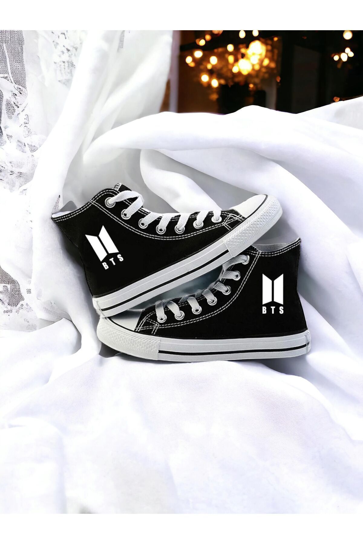 Lideral Unisex Siyah Beyaz Bts Baskılı Convers Model Rahat Keten Bilekli Sneaker Günlük Spor Ayakkabı
