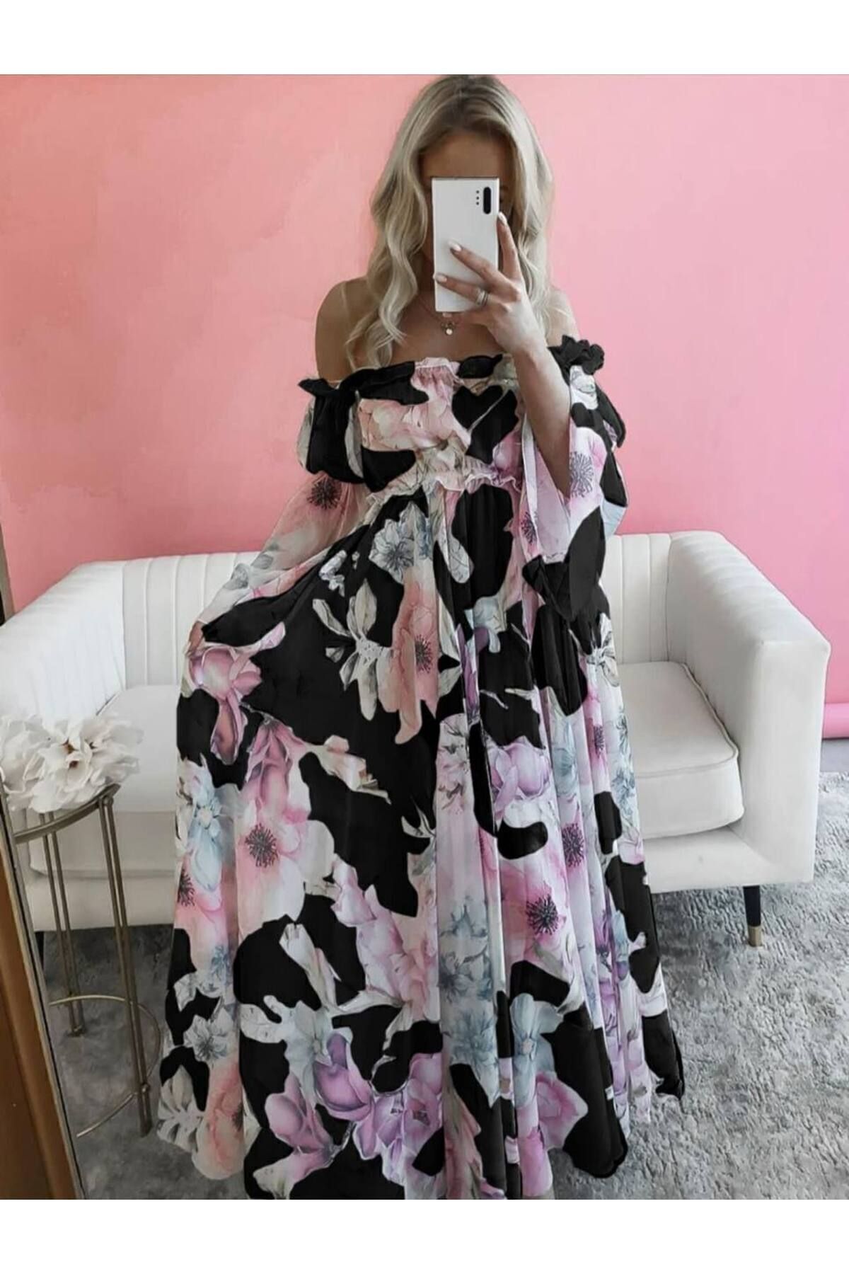 aspirin fashion Pastel Çiçek Desenli Madonna Yaka Uzun Şifon Elbise