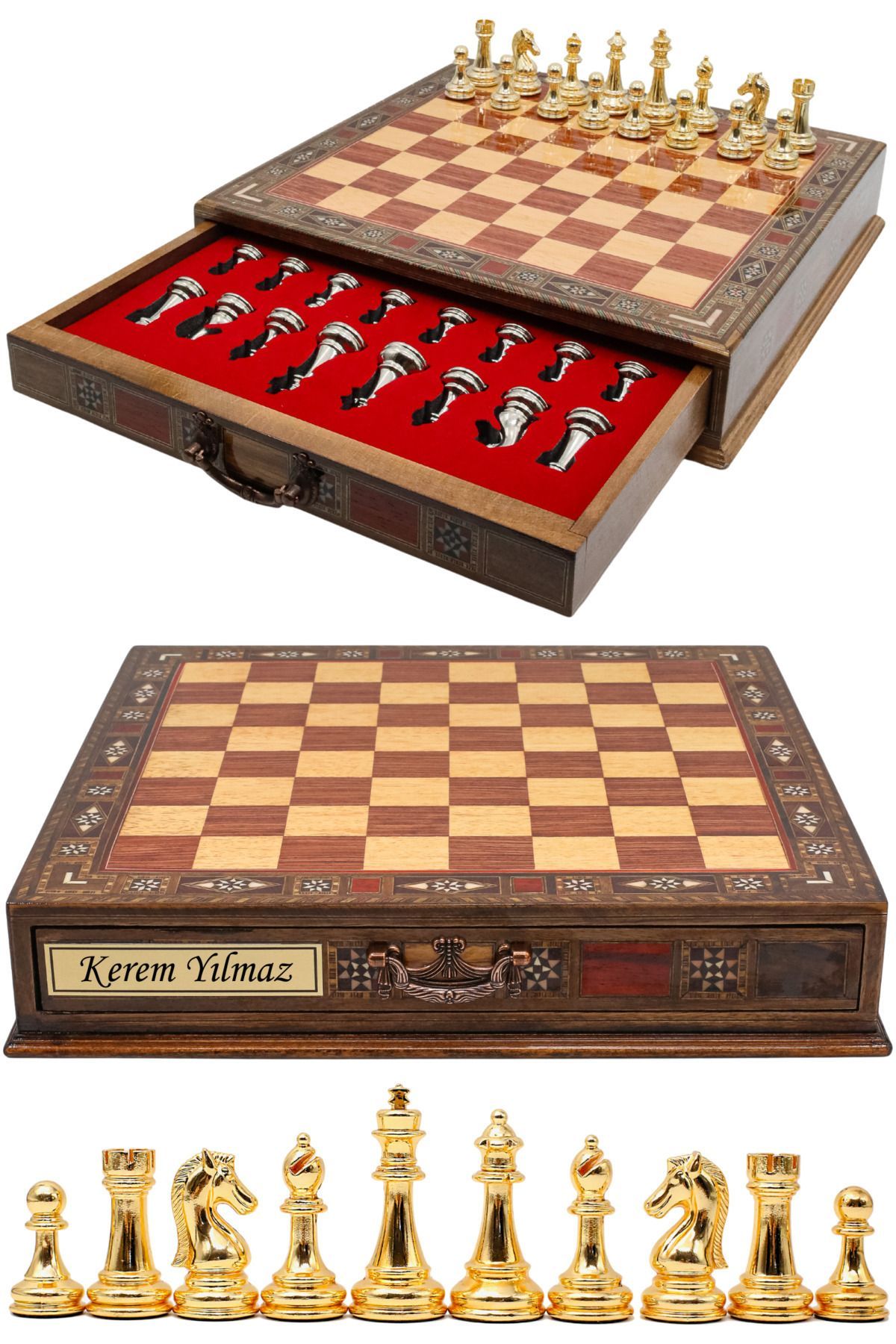 Cooper Chess Premium 38cm Büyük Çekmeceli Ahşap Kutulu Metal Satranç Takımı Altın Gümüş Staunton Klasik Satranç