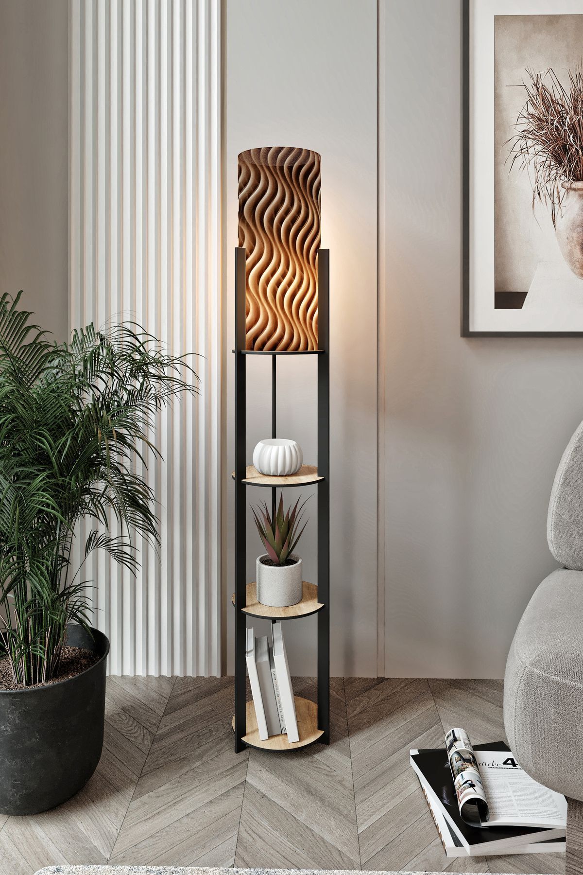 Halımax Dora Meşe Yuvarlak Raflı Line Modern Dekoratif Lambader