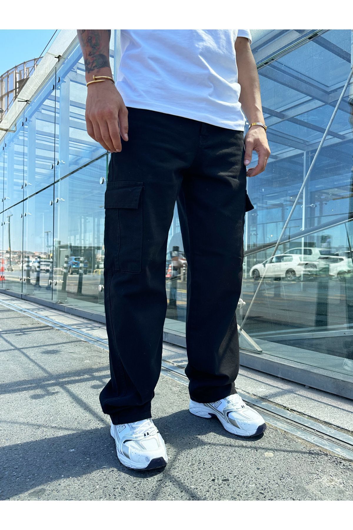 JeenTex Erkek Siyah Baggy Düz Bol Kesim Kargo Cepli Kot Pantolon