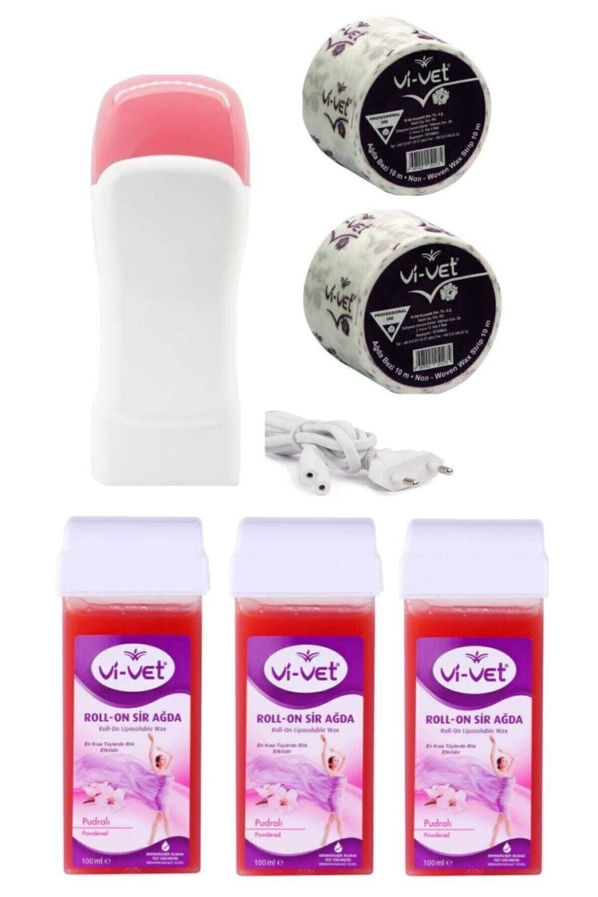 Vi vet 3 Adet Kartuş Roll-on Hassas Cilt Pudralı Ağda Makinesi+2 Adet 10 M Ağda Bezi Ağda Seti