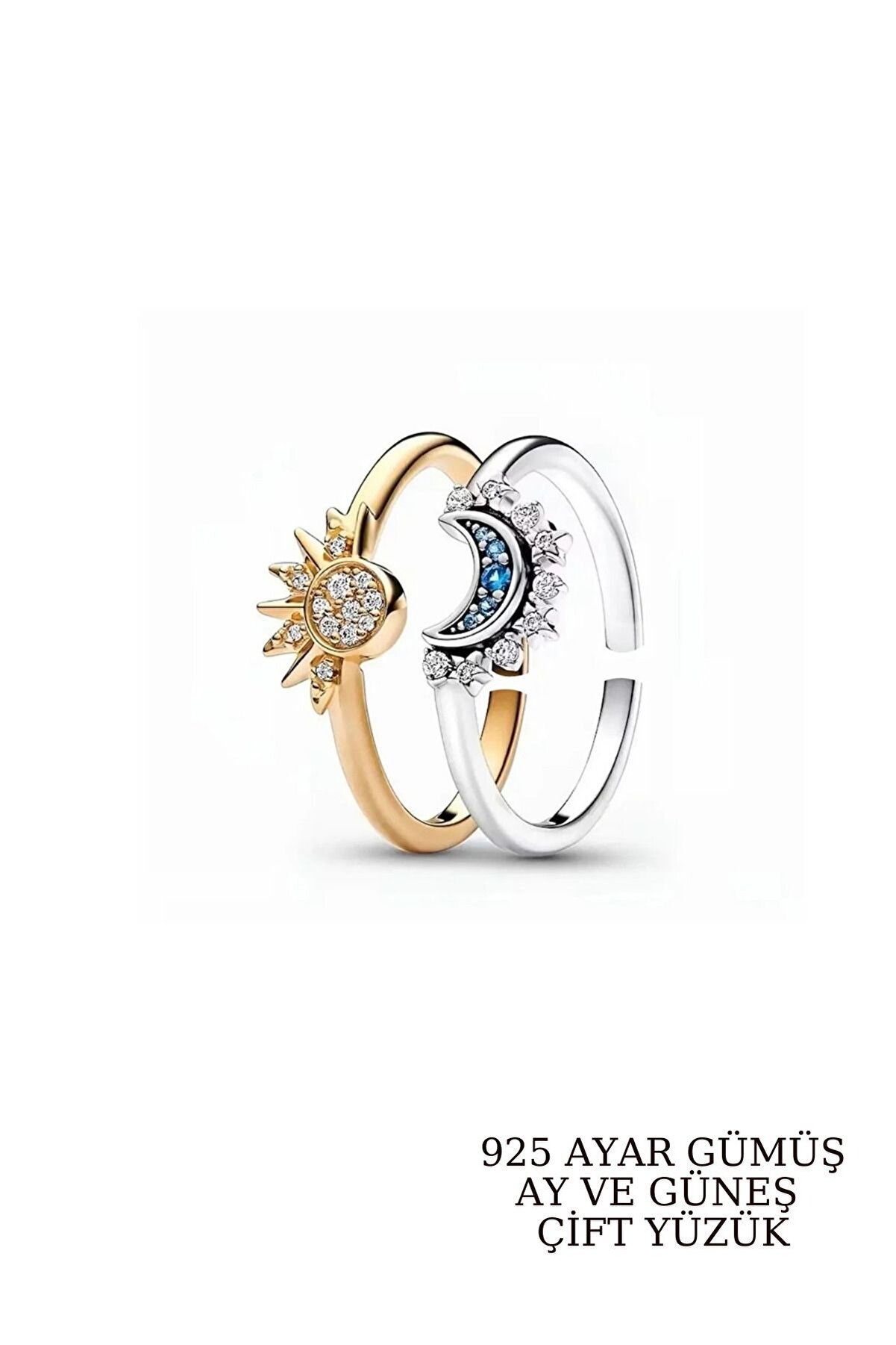 Elika Silver 925 Ayar Gümüş Gökyüzü Mavisi Işıltılı Ay ve Güneş Arkadaşlık Çift Yüzük