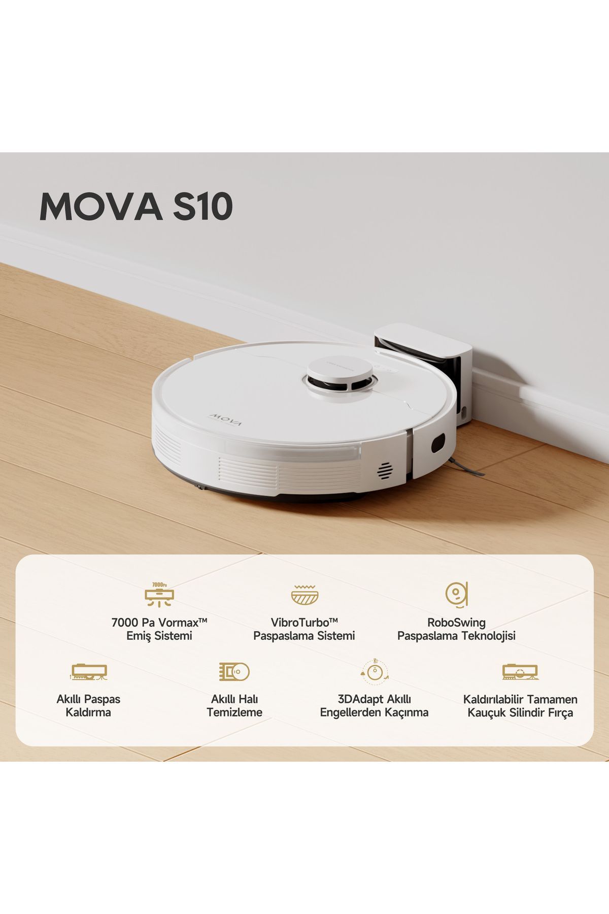 MOVA Robotik Mova S10 Robot Süpürge Ve Paspas, 7,000pa Vormax™ Emiş, Yükseltilebilir Tam Kauçuk Silindirik Fırça