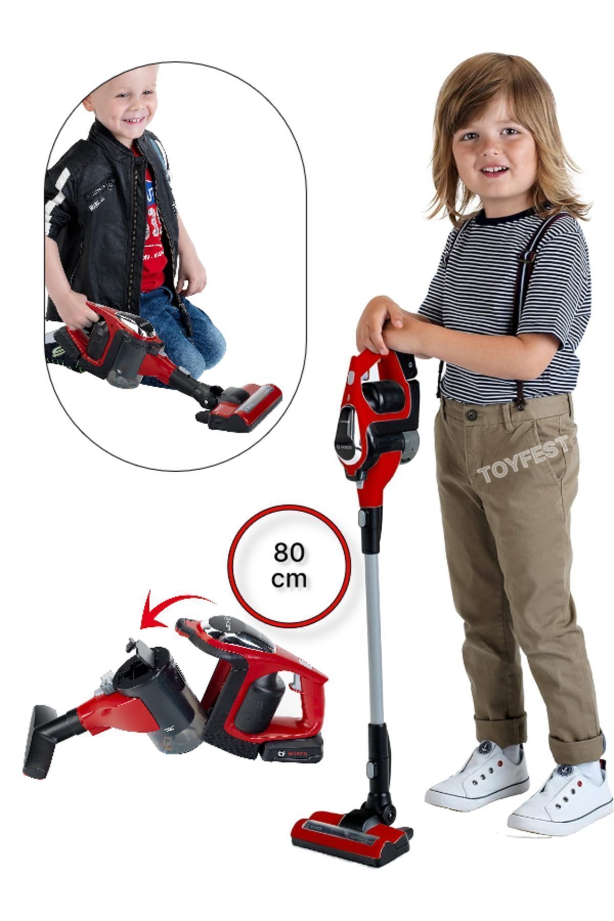 TOYFEST Bosch Sesli ve Işıklı Oyuncak Dikey Vakum Elektrik Süpürgesi - Kırmızı - 80cm