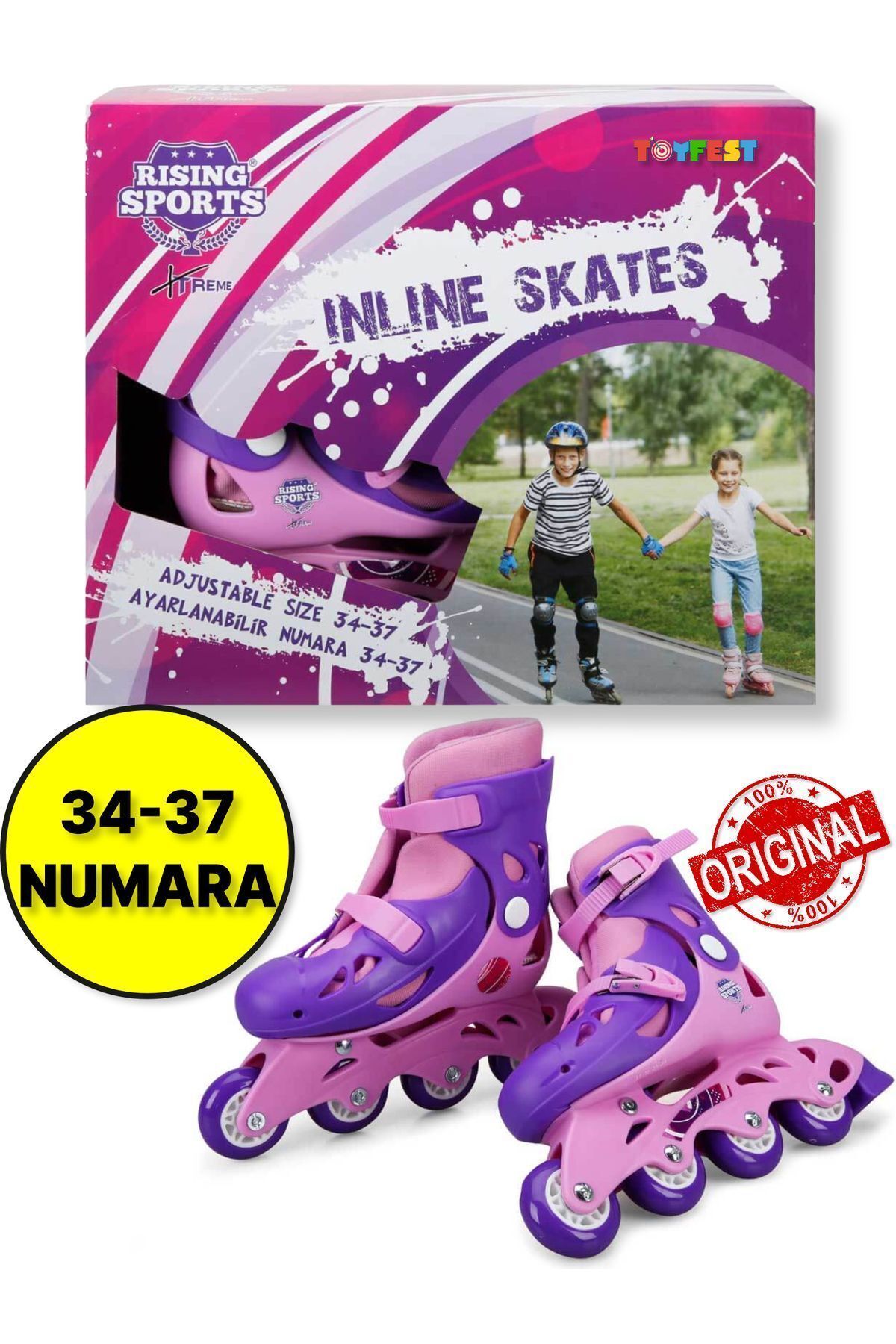TOYFEST Inline 4 Teker Paten Pembe (34 - 37 Numara için Ayarlanabilir)