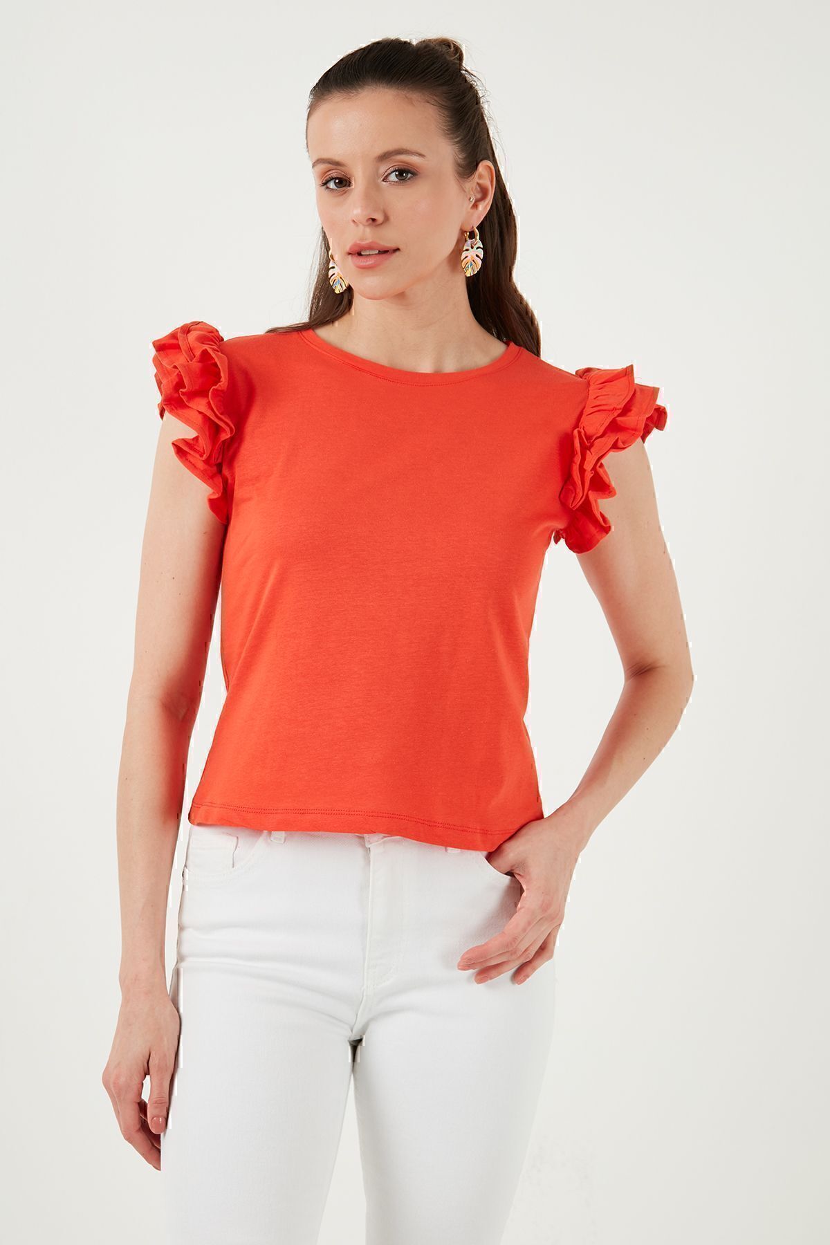 Lela Pamuklu Kolları Fırfırlı Slim Fit Bisiklet Yaka T Shirt  T SHİRT 5864500