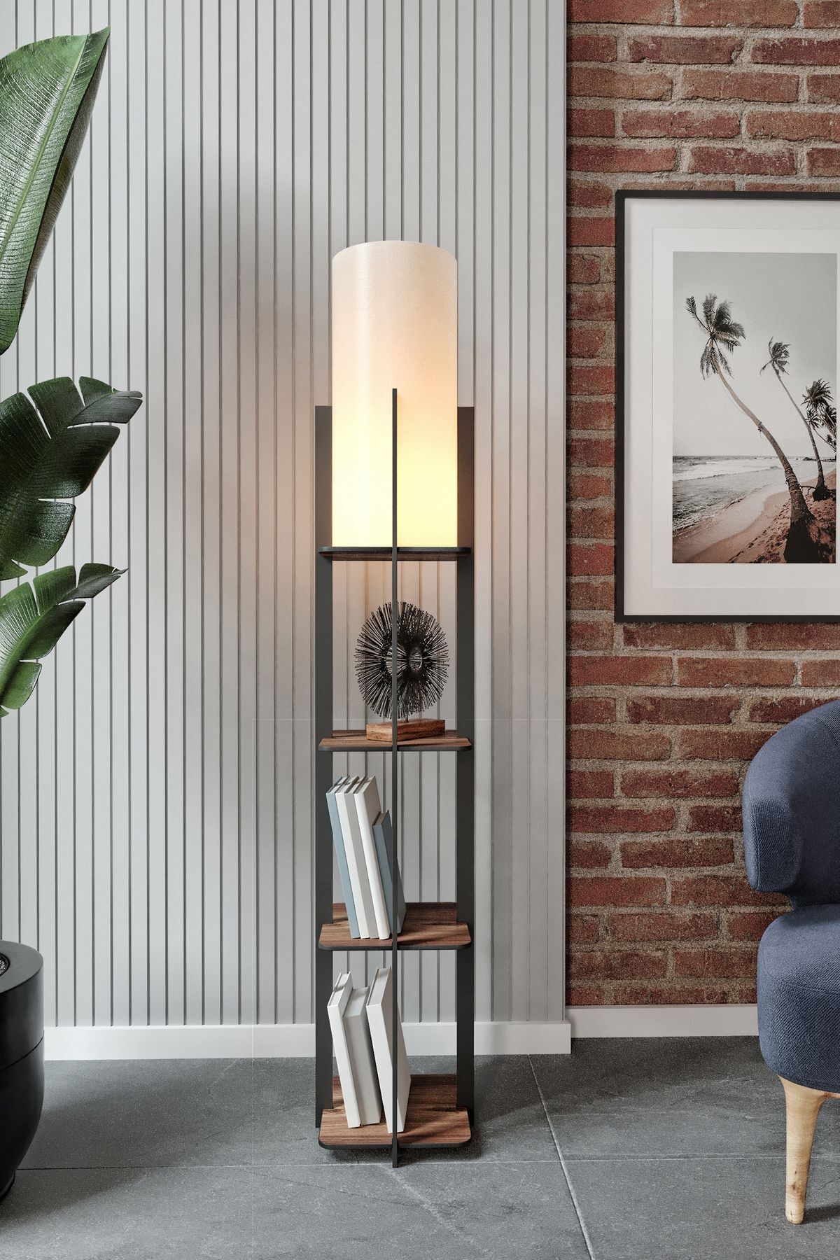 Halımax Dekoratif Siyah Ahşap Raflı Lambader Modern Ayaklı Raflı Aydınlatma