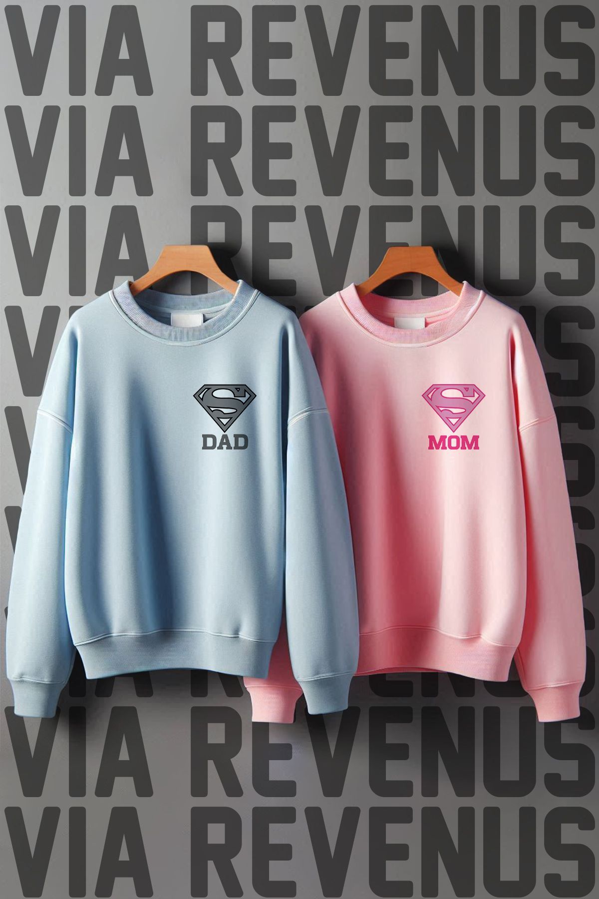 Vordevia Super Dad - Super Mom Baskılı Oversize Sevgili Kombini Sweatshirt