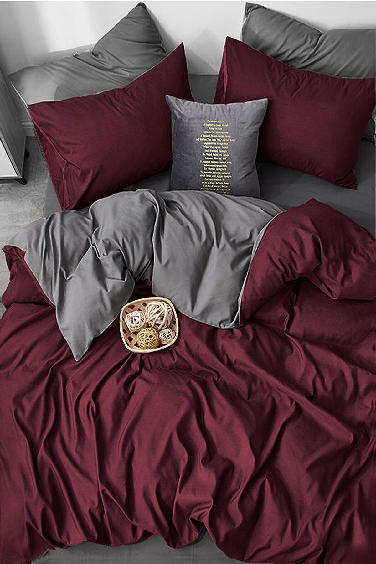 İQON Lastikli Çarşaflı Nevresim Takımı Çift Kişilik Bordo-gri - 738.84 TL