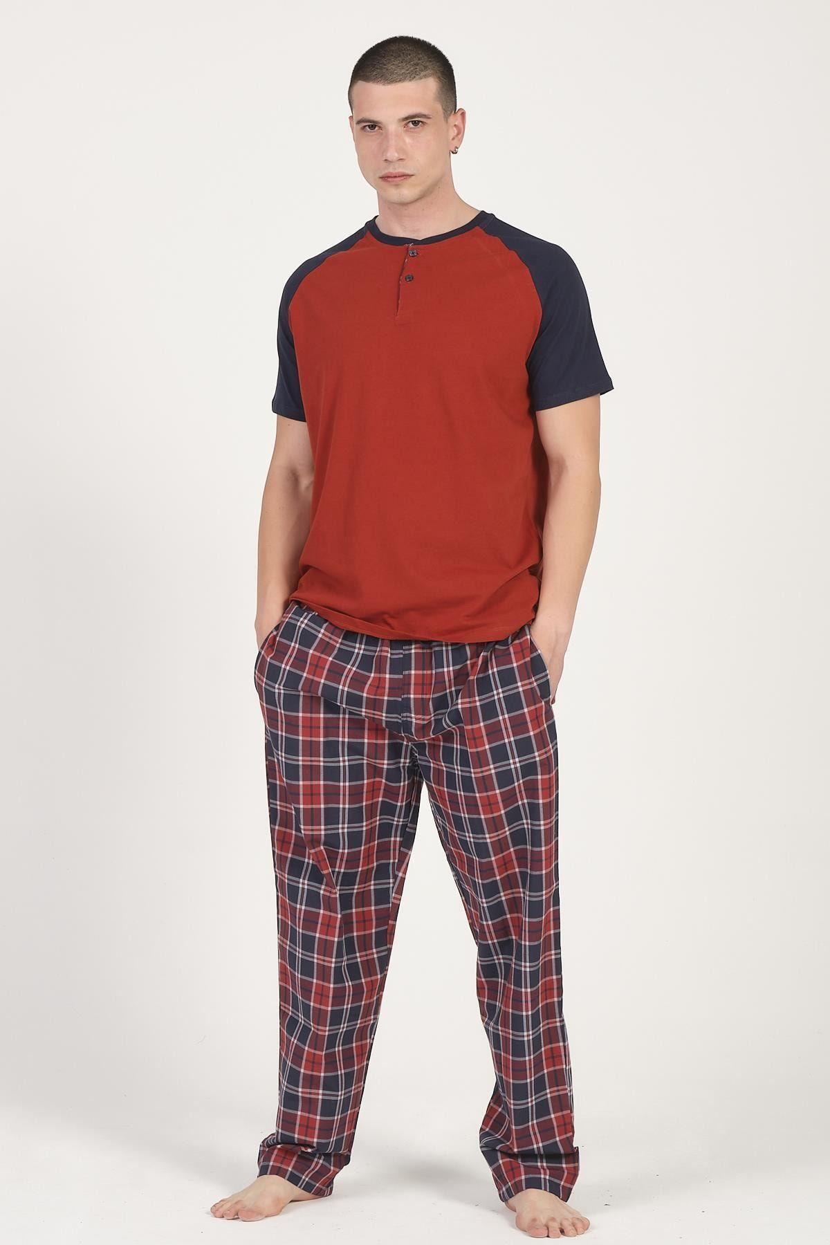 DOFİ Erkek Kırmızı Lacivert Büyük Beden Yazlık Pijama Takımı Ekose Desenli Cepli