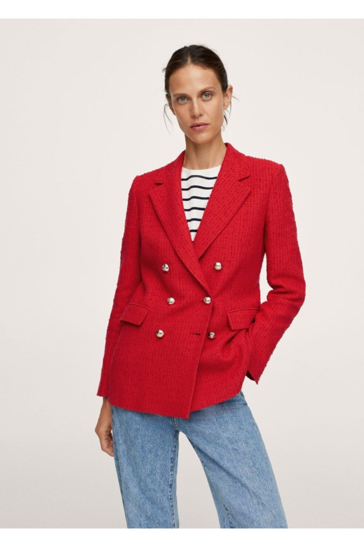 MANGO Kadın Kırmızı Düğmeli Tüvit Blazer Ceket