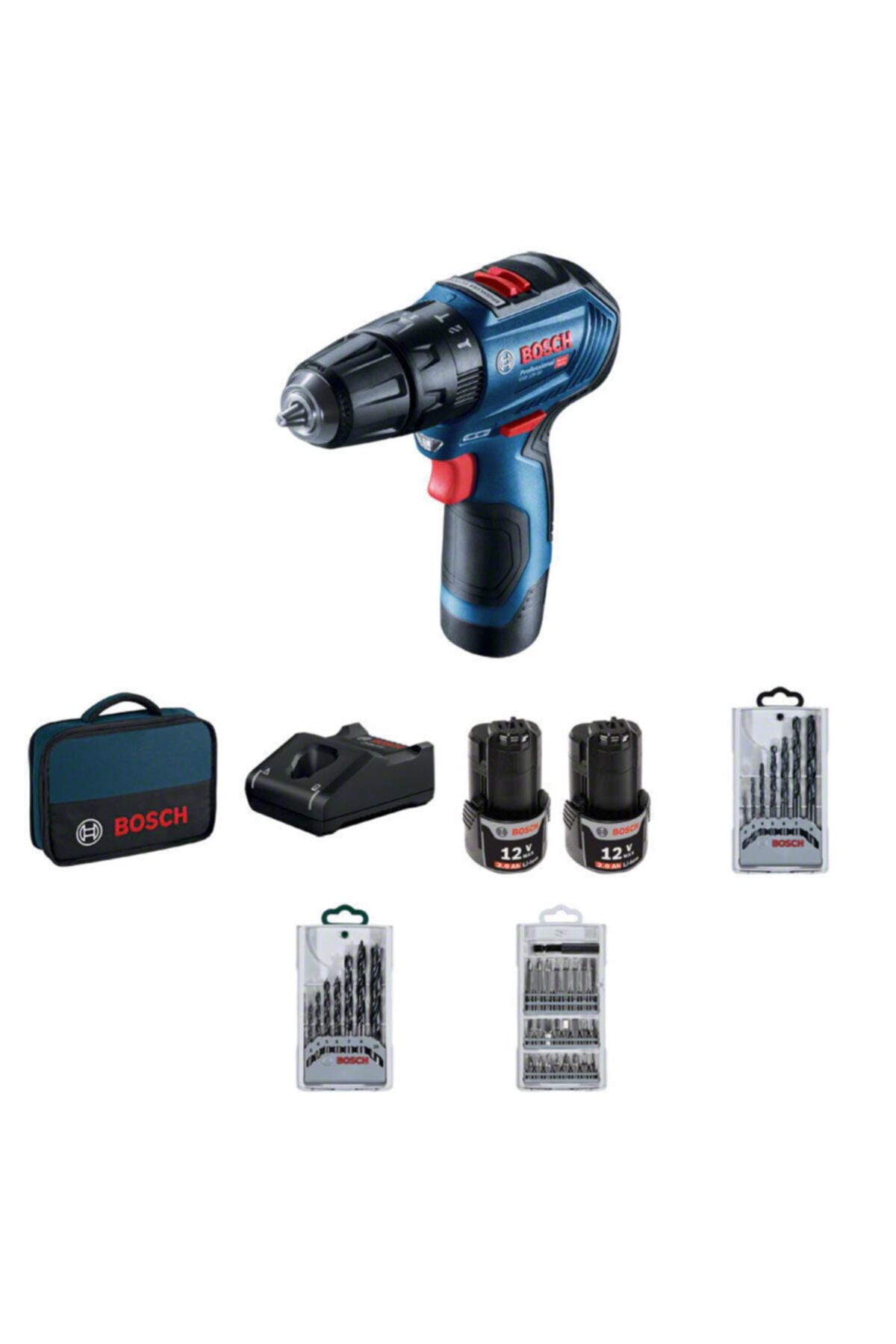 Bosch Gsb 12v-30 Professional 2.0ah Çift Akülü Darbeli Vidalama + 39 Parça Vidalama Set - 06019g9101