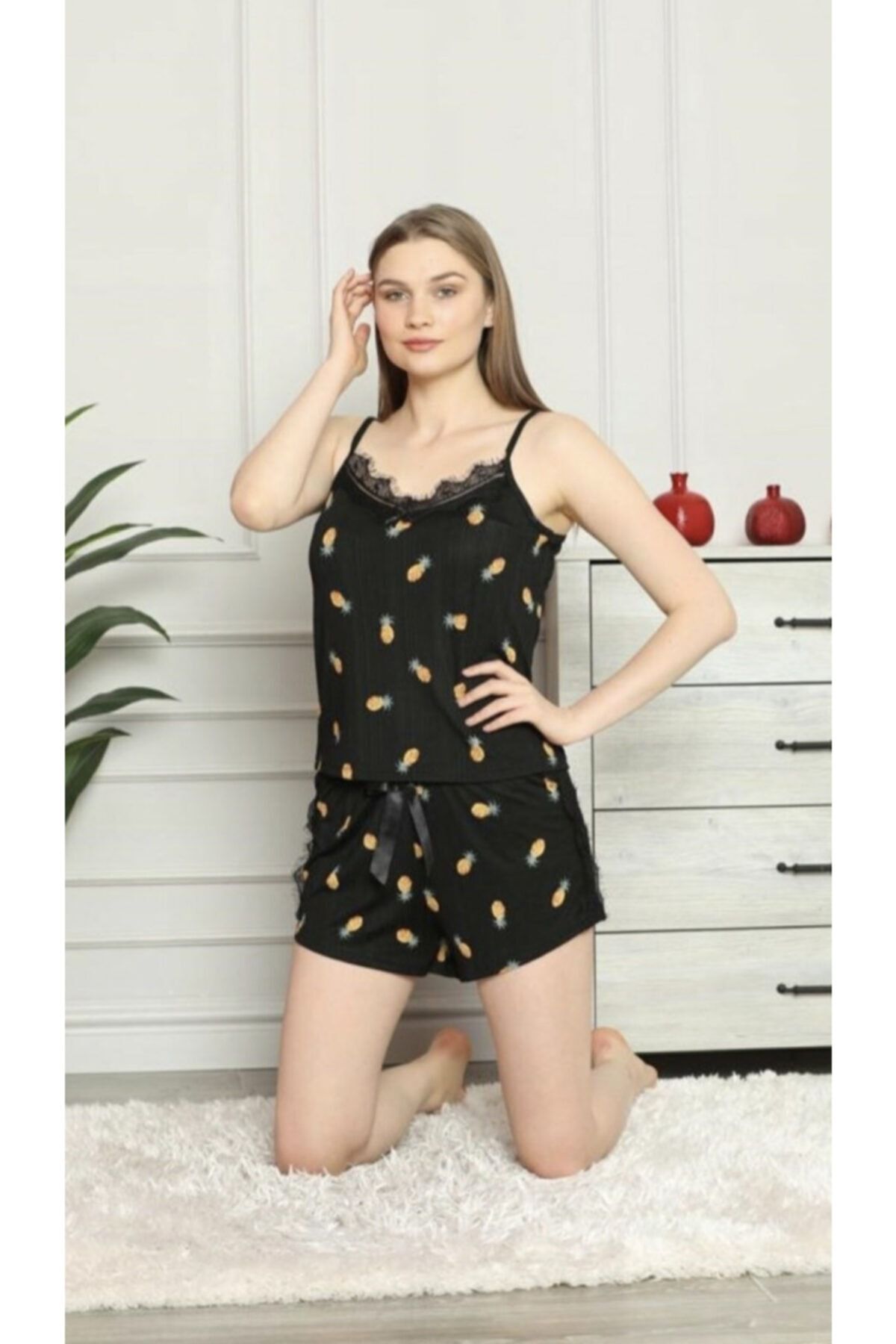 Lolliboomkids Kadın Mini Dantelli Ip Askılı Örme Pijama Takımı Pineapple Ananas Desen