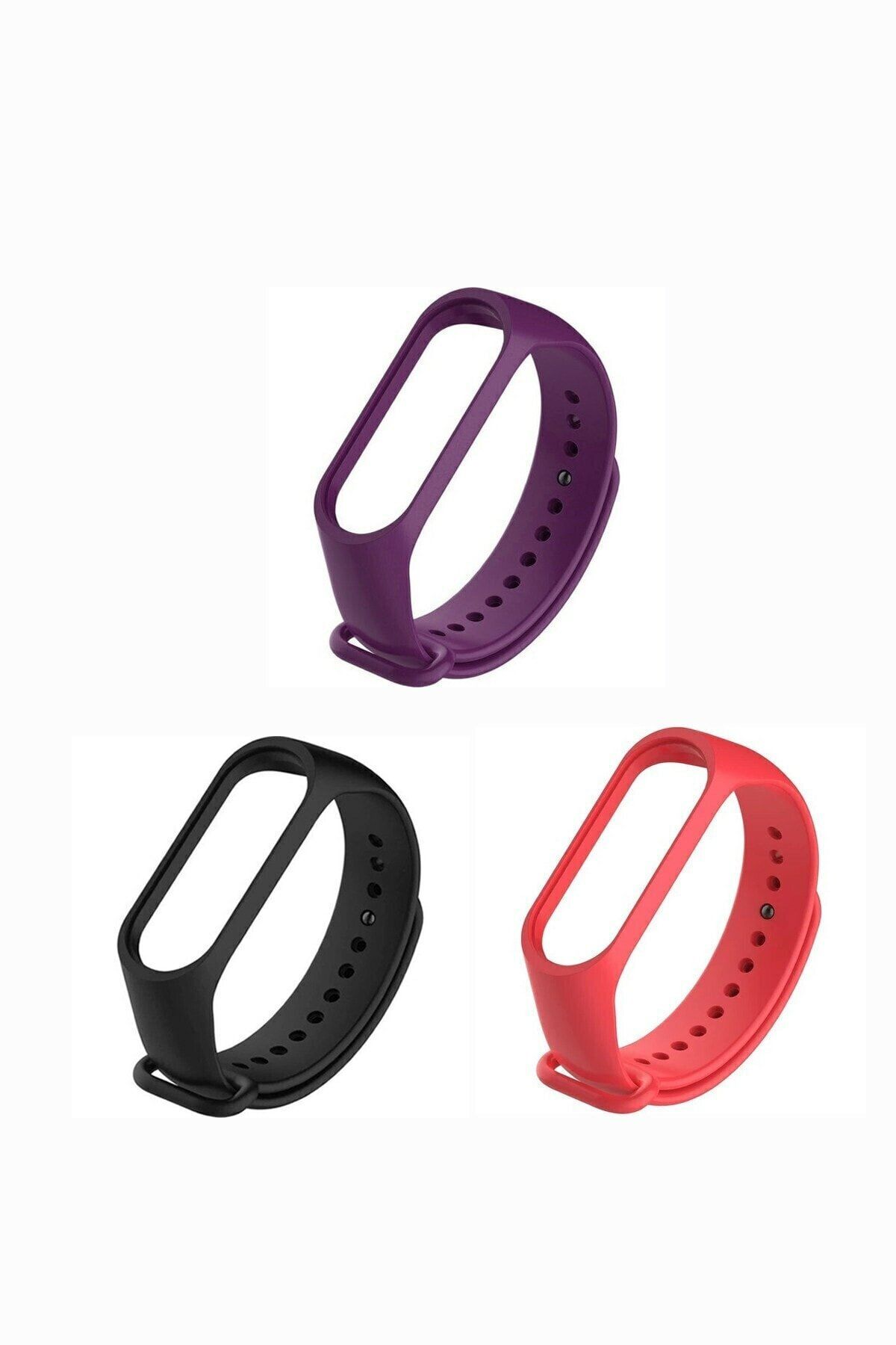 Mi7a Xiaomi Mi Band 3-4 Silikon Kordon 3'lü Set Siyah Kırmızı Mor