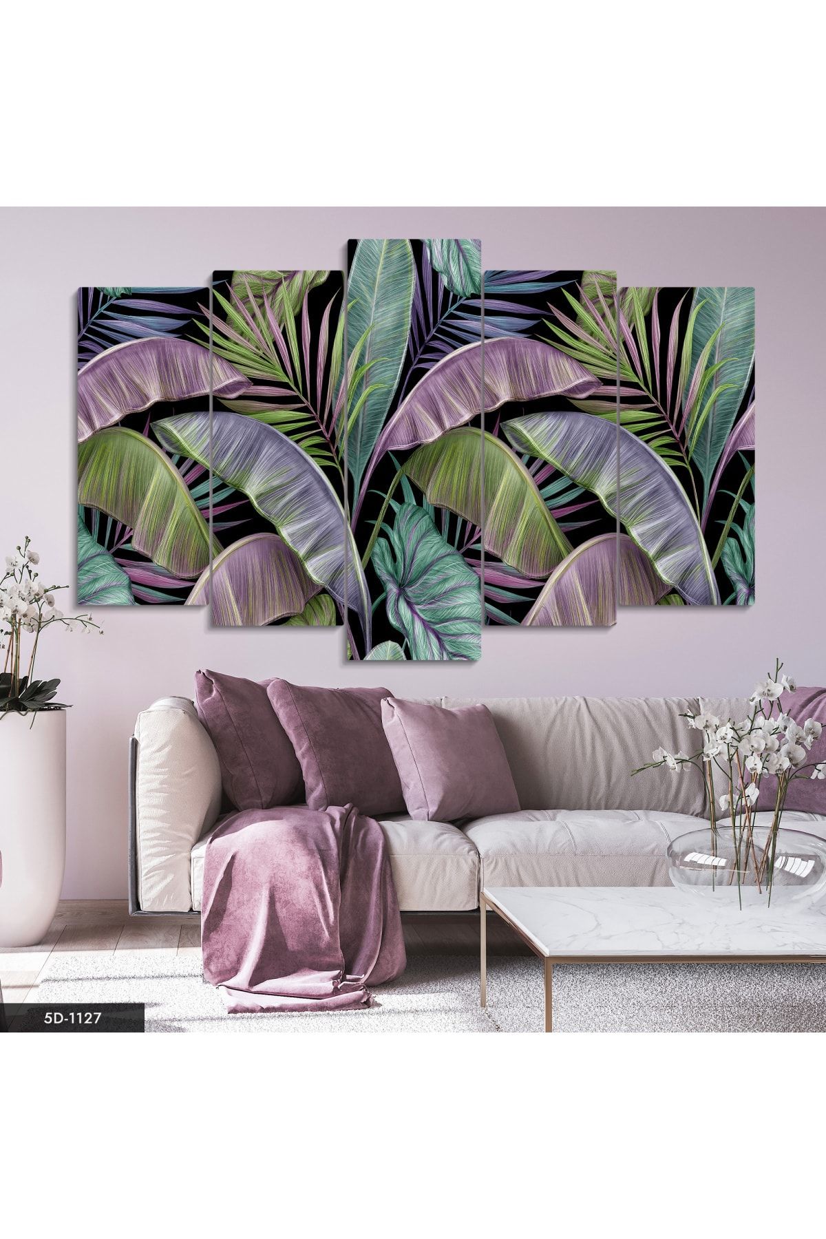Evimemoda Renkli Muz Ve Palmiye Yaprakları 5 Parçalı Mdf Tablo