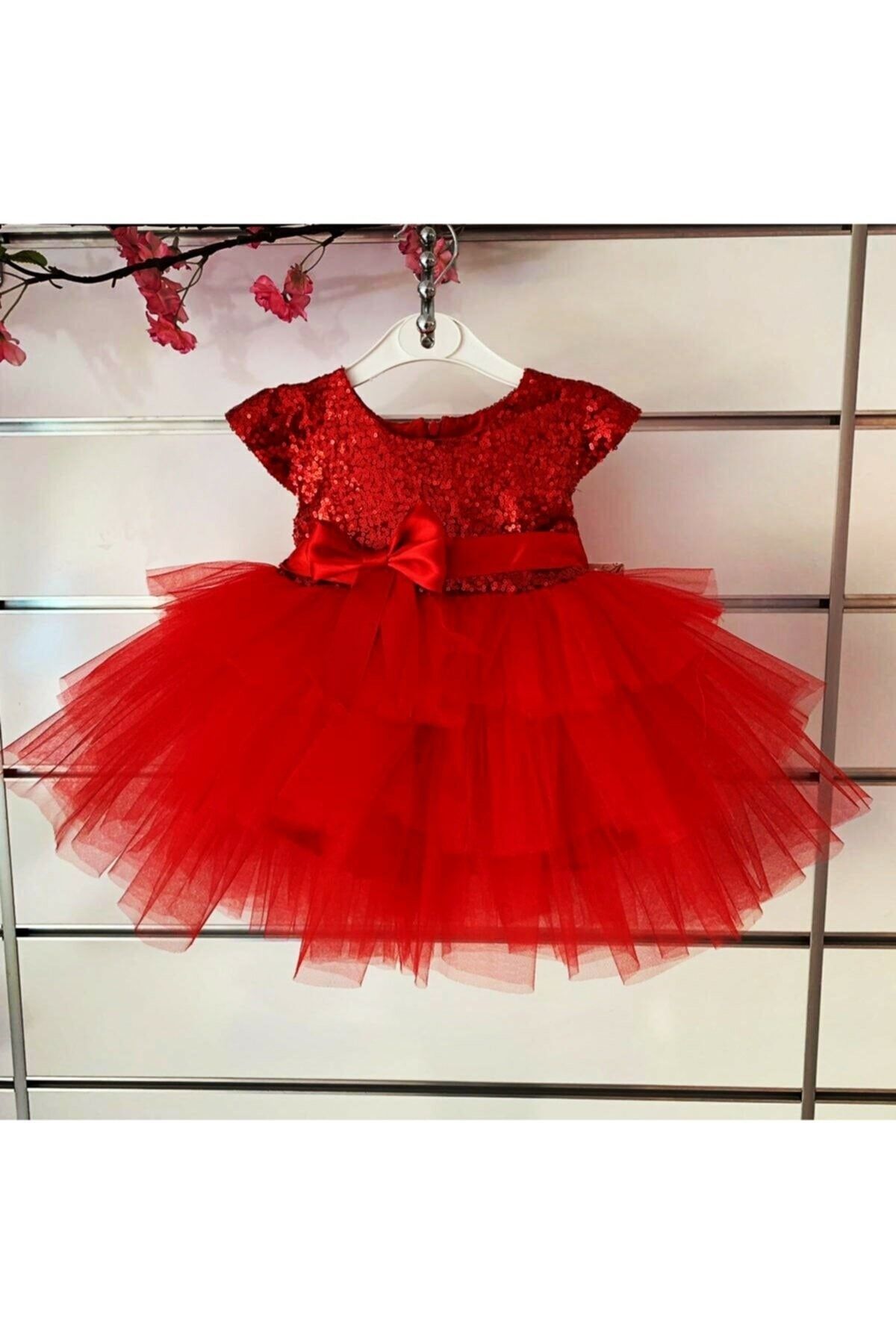 aden kids Sihirli Anlar Koleksiyonu - Sevimli Kız Çocuk Elbisesi Kırmızı Pulpayet