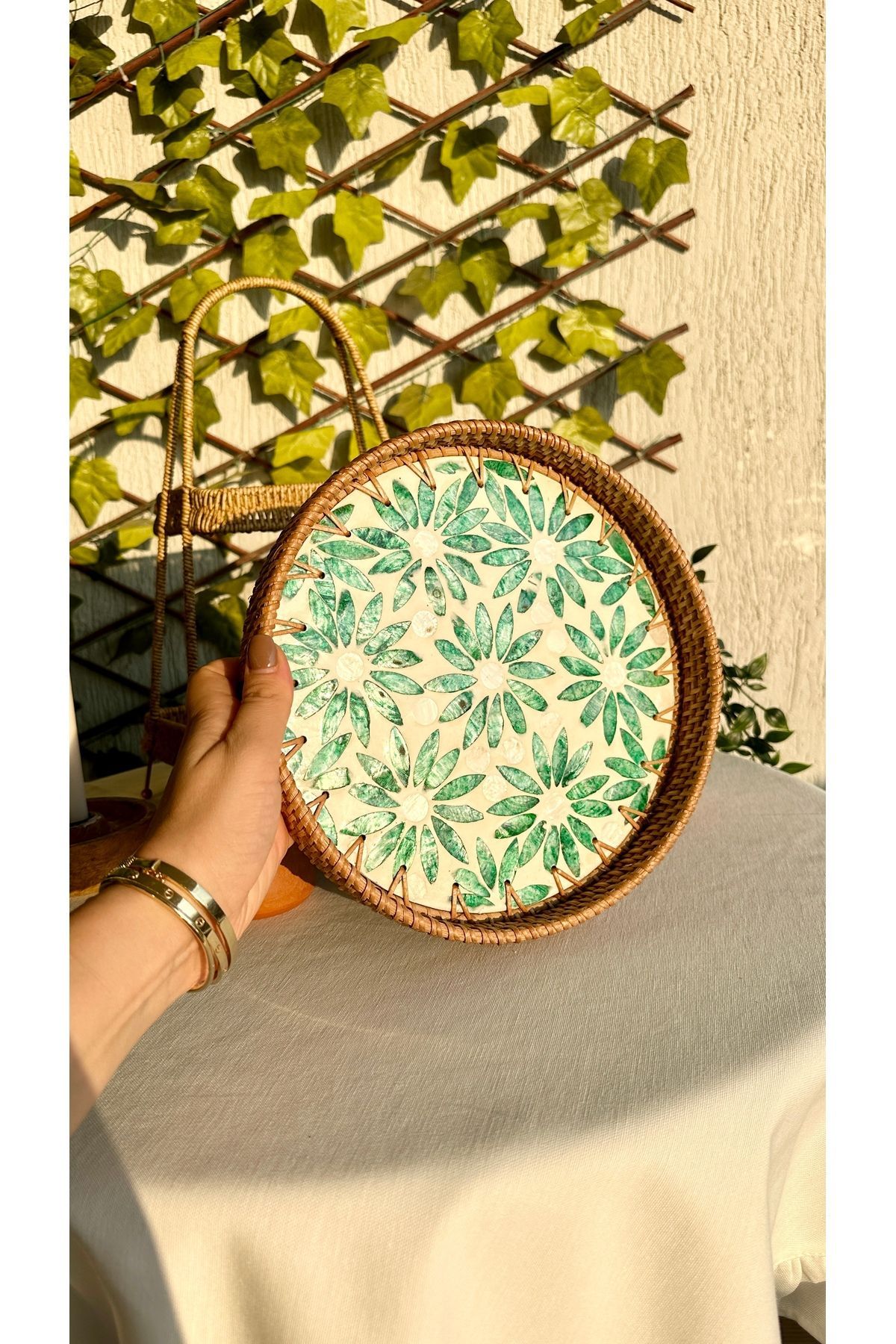 Decamor home Sedefli Rattan Yeşil Yuvarlak Tepsi Büyük Boy