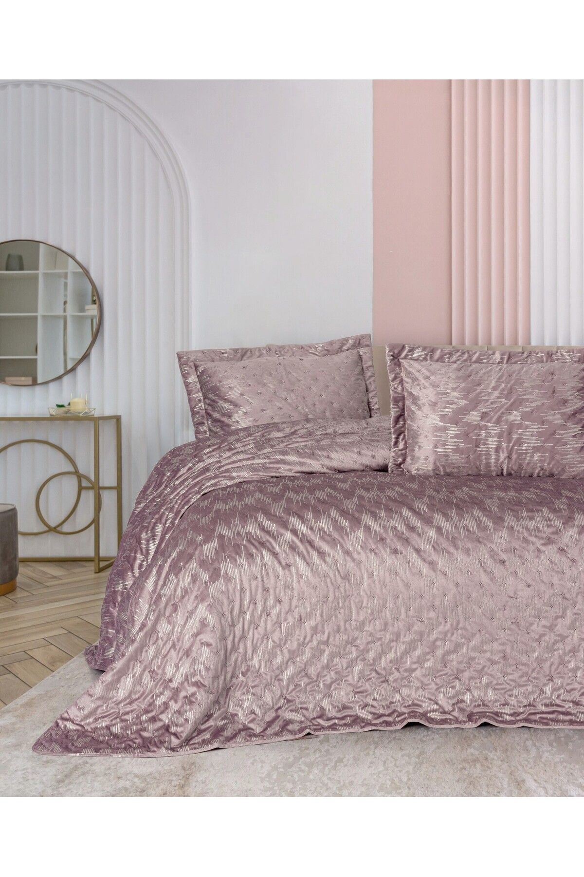 Cotton Box Smart Tek Kişilik Yatak Örtüsü Kadife Varaklı Luz Pudra
