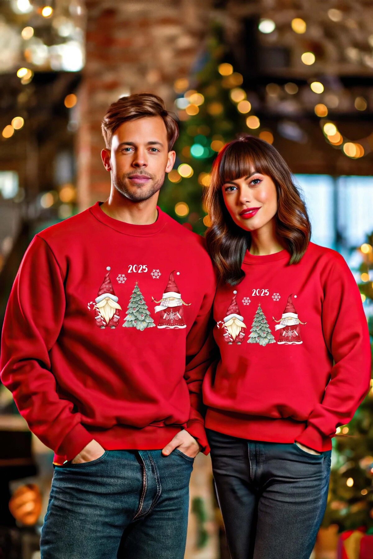 GREENCACTUS Yılbaşı Temalı Sevgili Çift Kombinli Ikili Kırmızı Sweatshirt