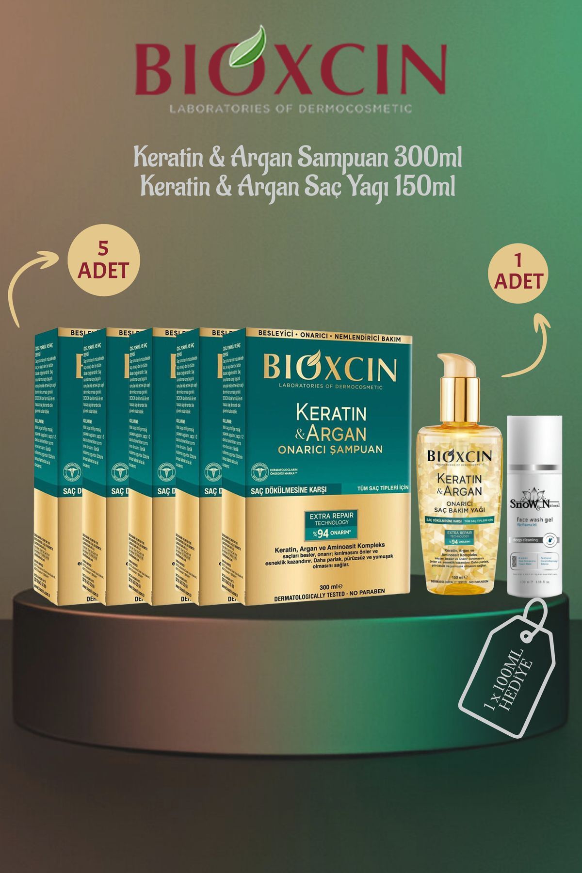 Bioxcin Keratin & Argan Şampuan 300ml 5 ADET + 1 Adet Saç Yağı 150ml + 1 Adet Jel Hediyeli SET