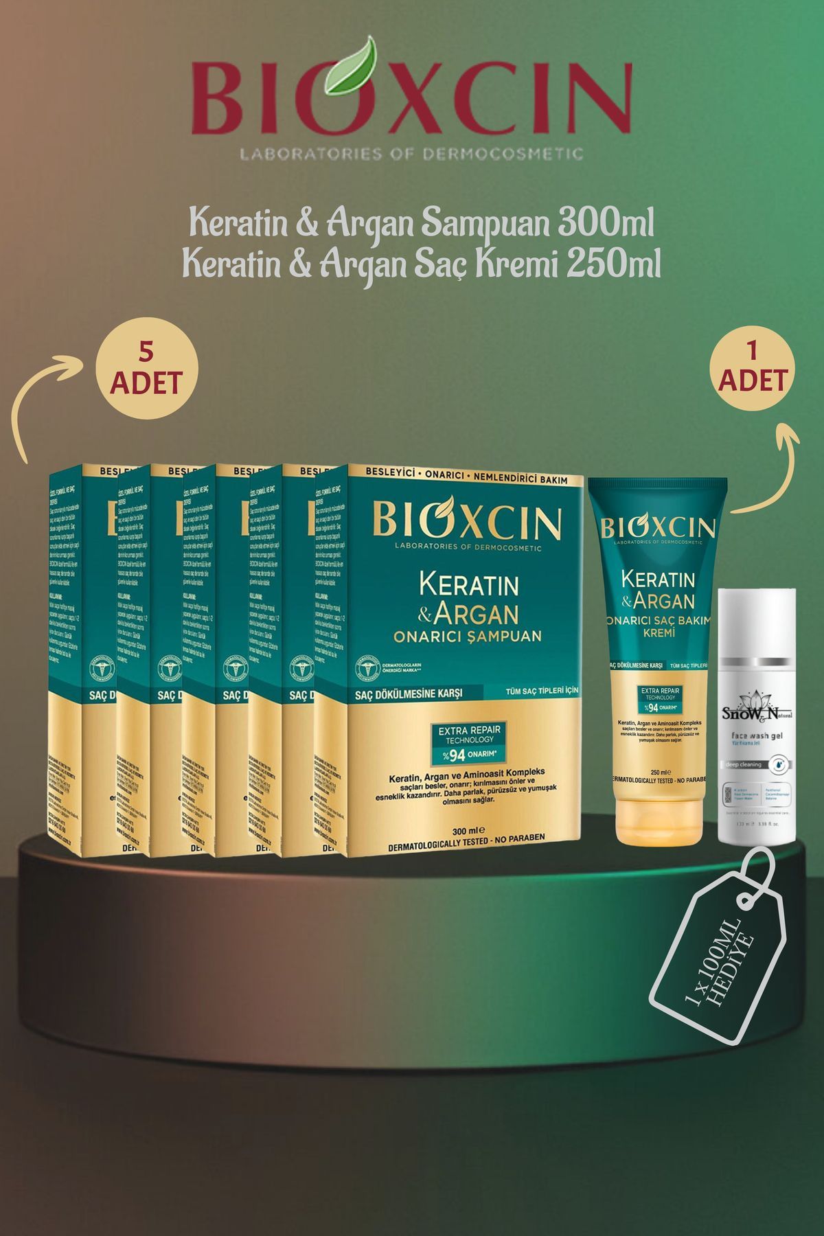Bioxcin Keratin & Argan Şampuan 300ml 5 ADET + 1 Adet Saç Kremi 250ml + 1 Adet Jel Hediyeli SET