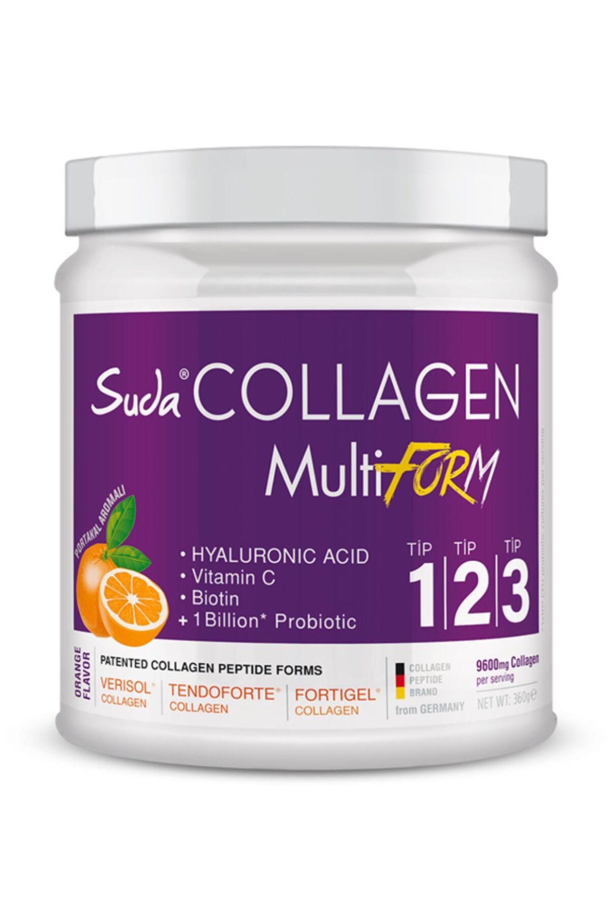 Suda Collagen Multiform Portakal Aromalı Kolajen 360gr - 9600 mg Hidrolize Collagen Peptit - Tip1,Tip2,Tip3