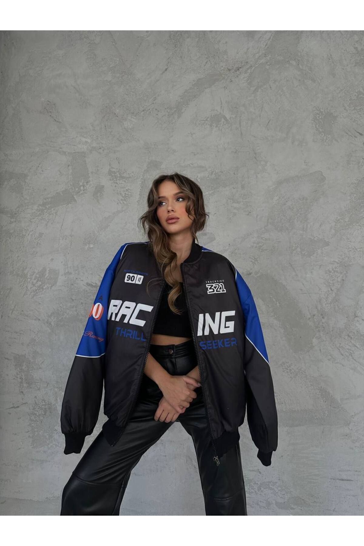 OTAKU Unisex Oversize Racing Baskılı Yarışçı Bomber Ceket