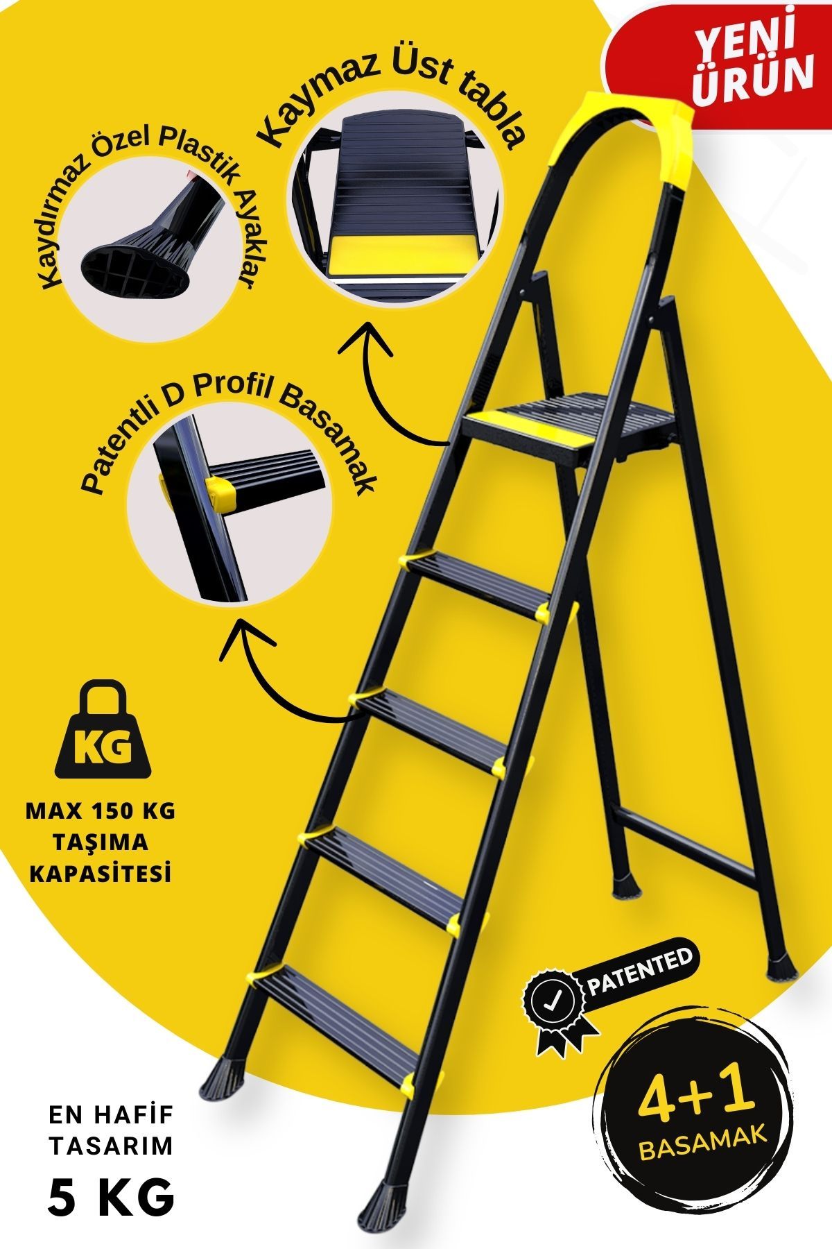 ERTEKPA Leo Siyah Merdiven 4+1 Metal Basamaklı