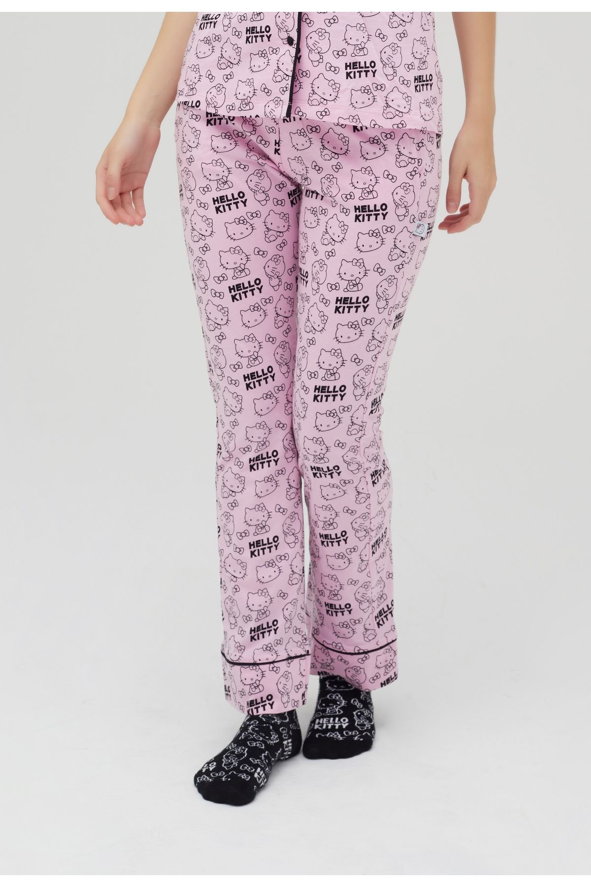 Hello Kitty Lisanslı Baskılı Pembe Kadın 100% Pamuklu Bol Paça Eşofman Altı-Pijama-Pantolon Roz-248/A