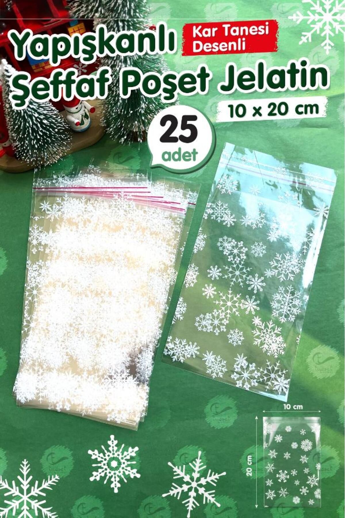 t tuğset etiket Kar Tanesi Desenli Bantlı Yapışkanlı Şeffaf Poşet Jelatin 10x20 Cm 25 adet -T1060