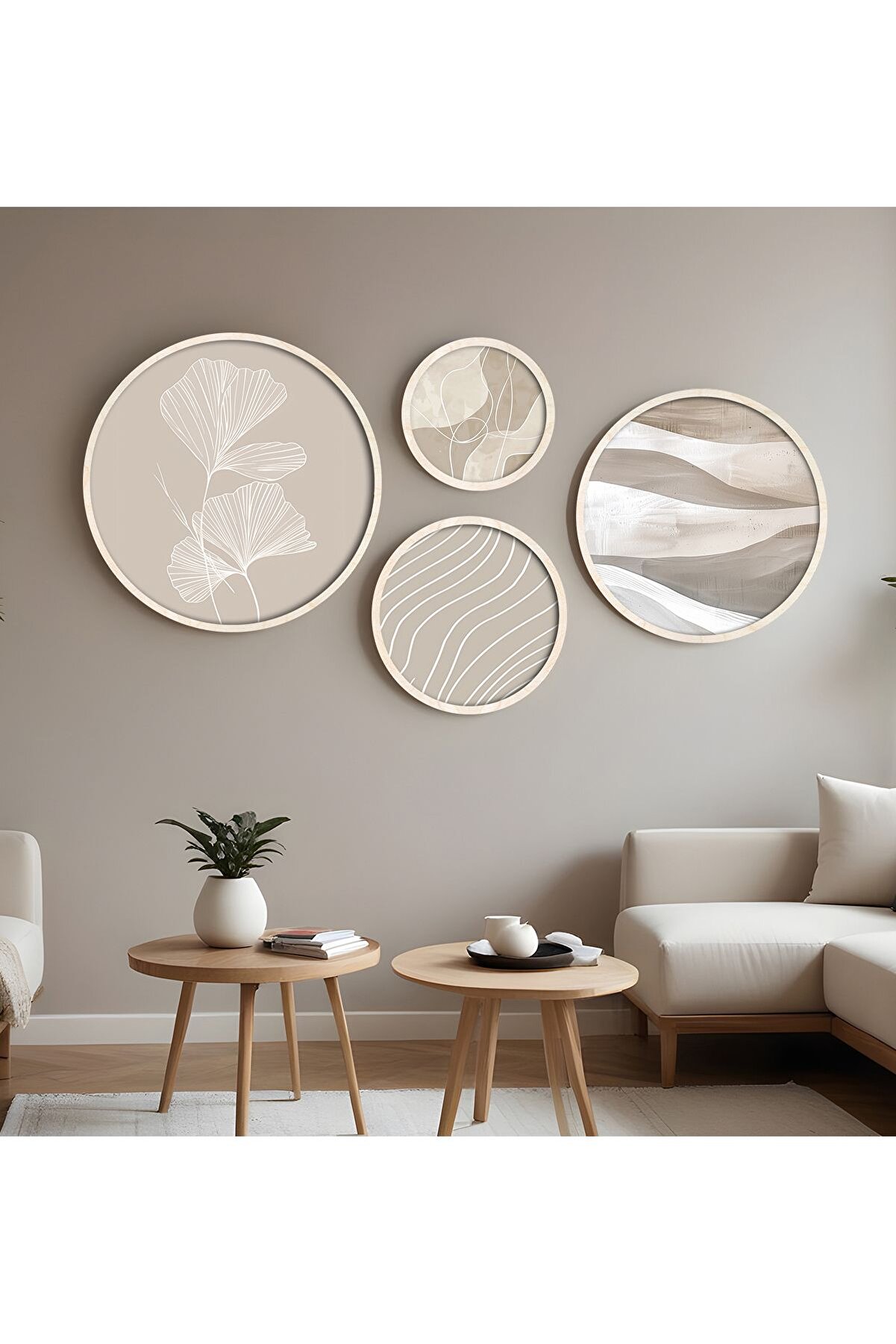 huhuli Ahşap Çerçeveli Modern 4'lü Yuvarlak Tablo Seti Huhu295
