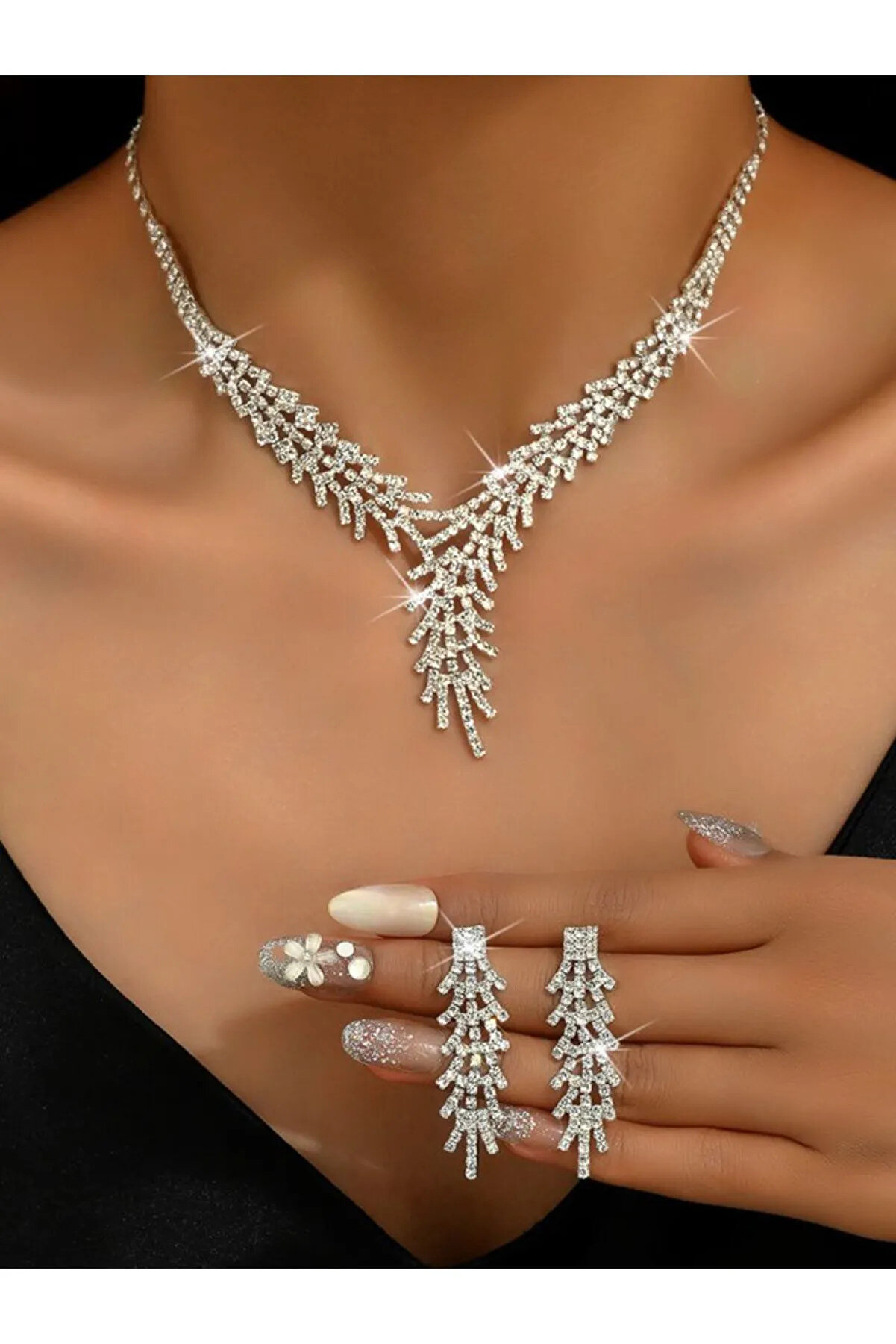 Estilo Lingerie Gümüş Kaplama Su Yolu Çınar Model Takı Seti, Gelin Takı Seti, Nişan Seti, Hediye Takı Set