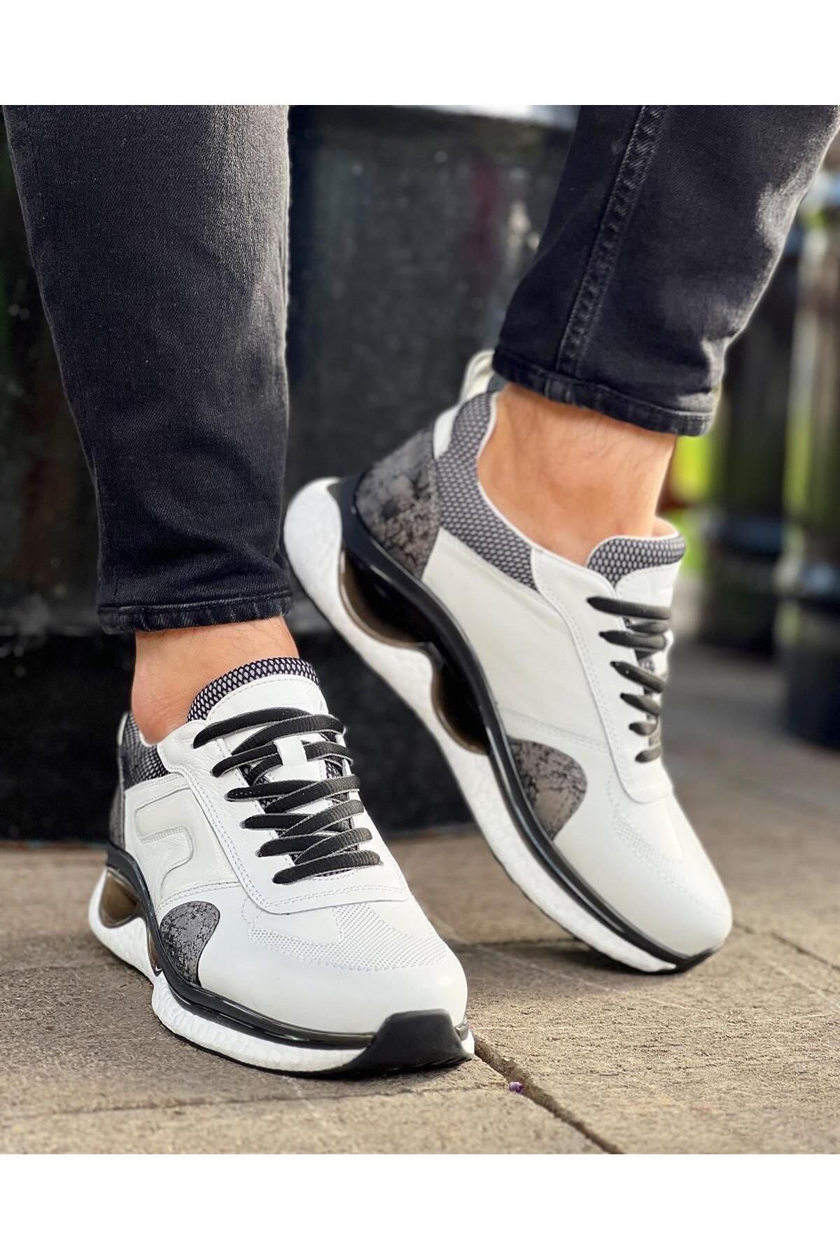 ByItallanoshoes White Geflok 0382 Hakiki Deri Garnili Erkek Sneaker Beyaz