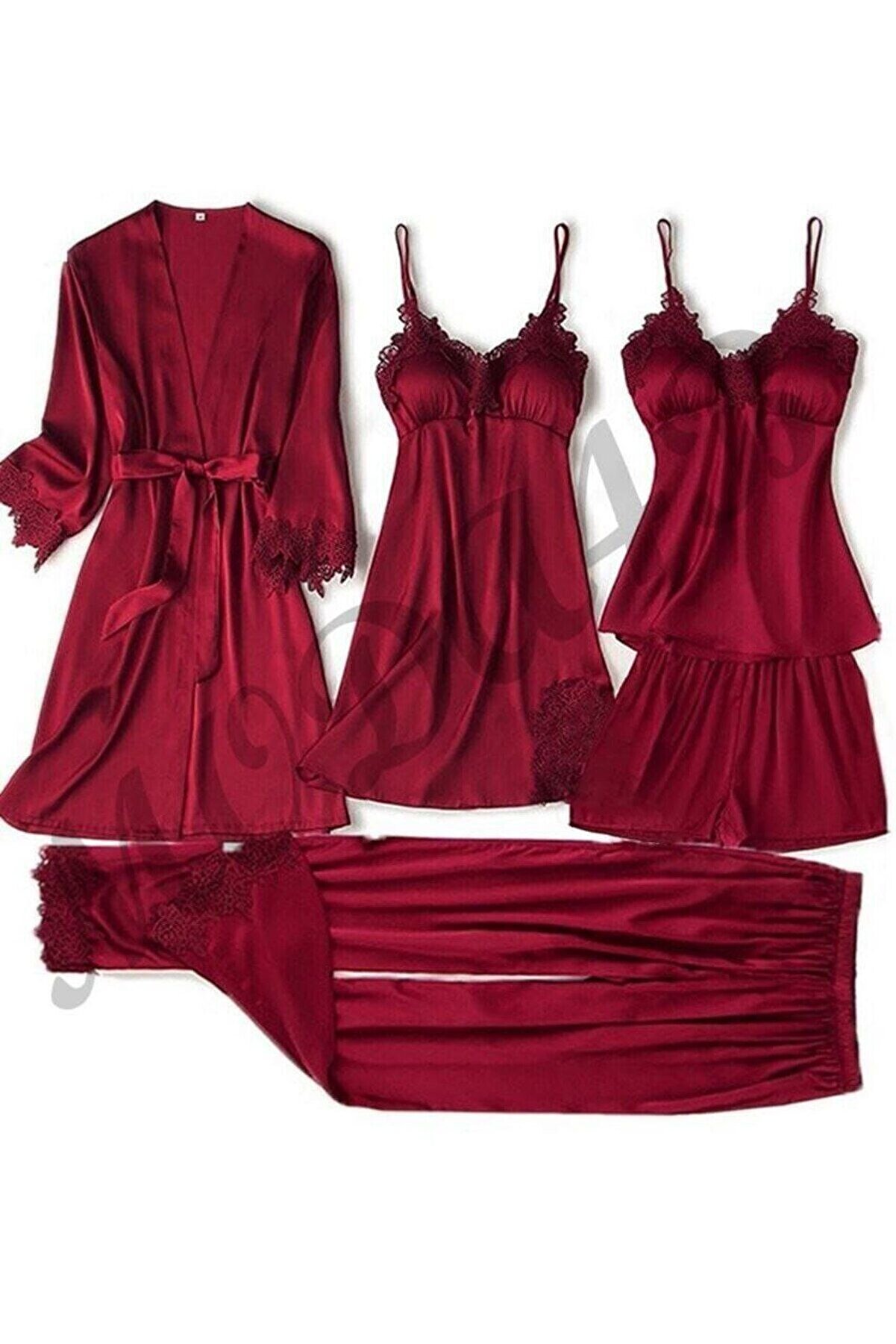 Moda4b Kadın 5 Parça Saten Güpürlü Gecelik Çeyiz Seti - Bordo